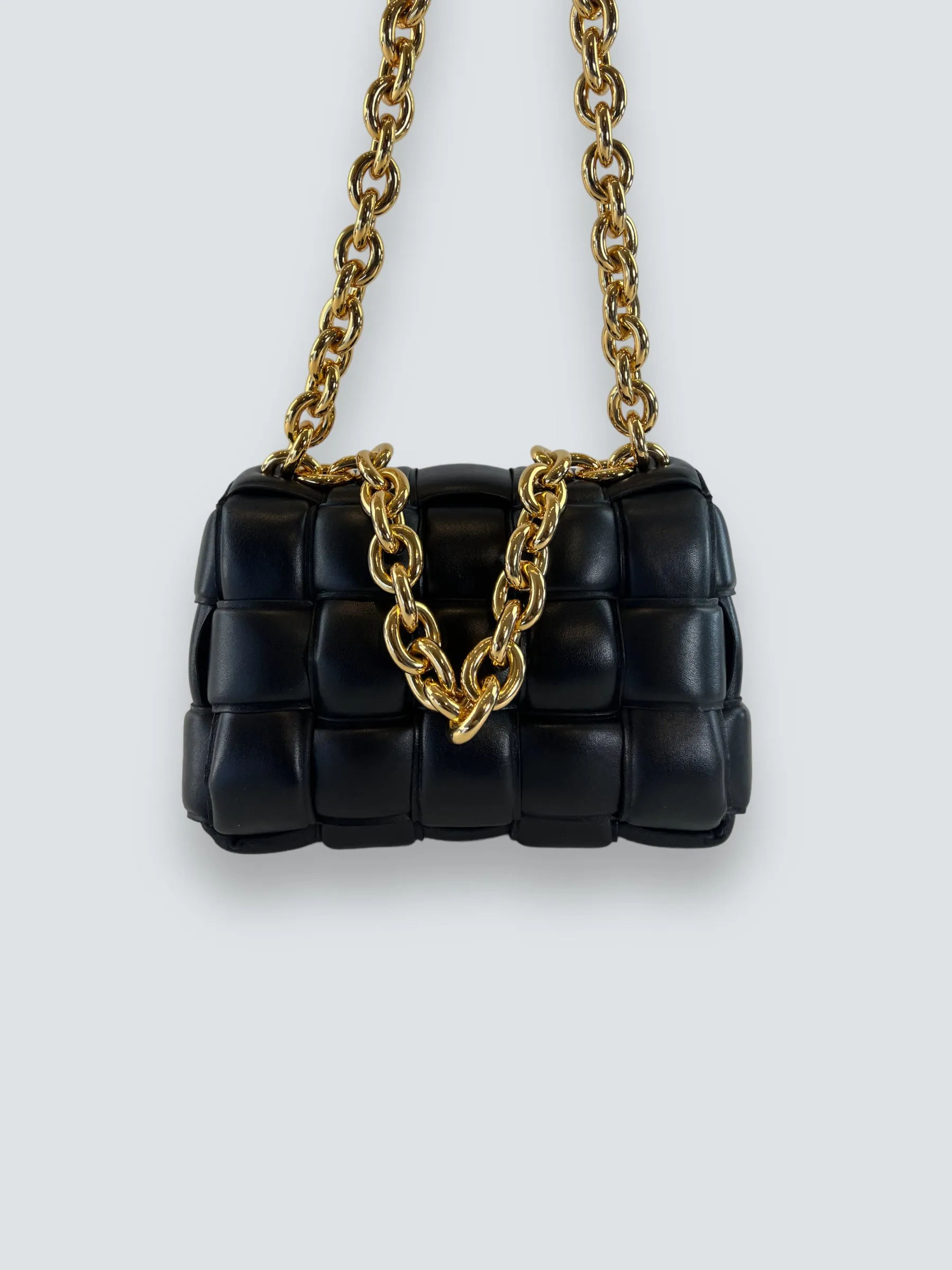 Bottega Black Quilted Leather Chain Cassette Shoulder Bag