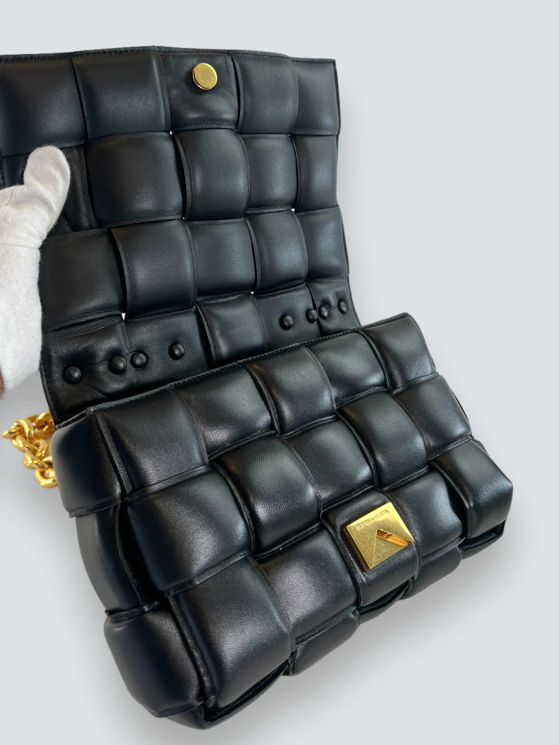 Bottega Black Quilted Leather Chain Cassette Shoulder Bag