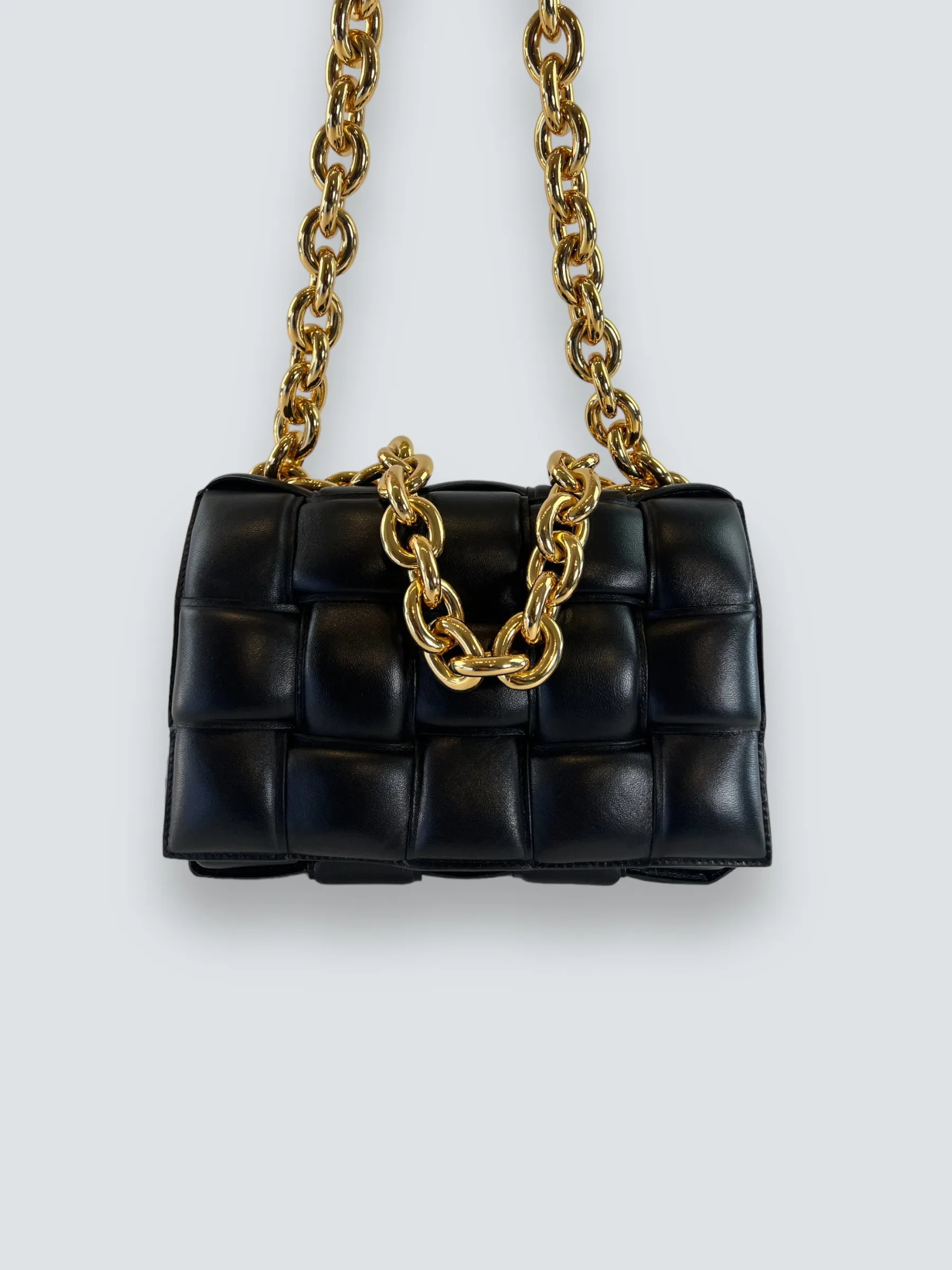 Bottega Black Quilted Leather Chain Cassette Shoulder Bag