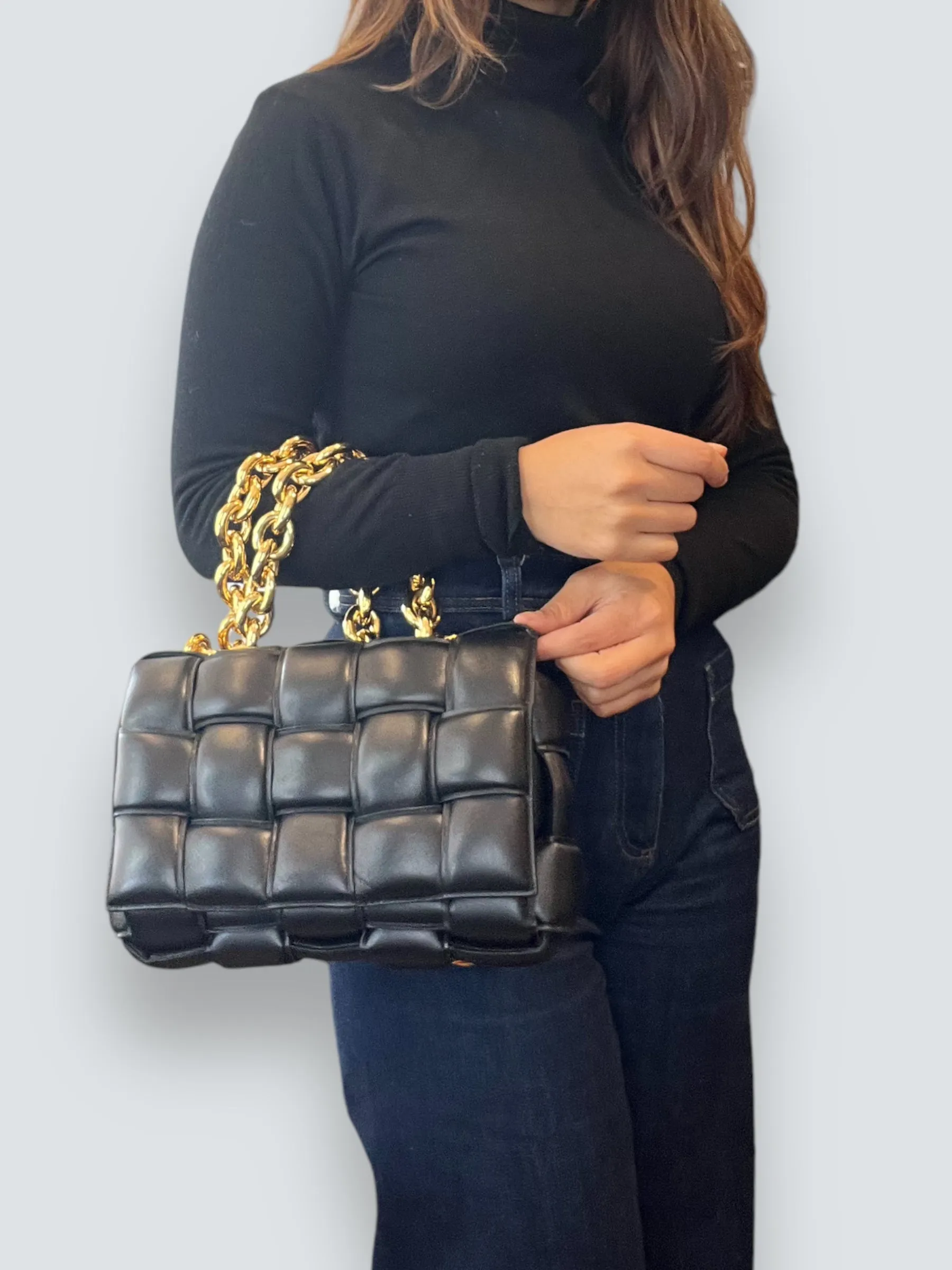 Bottega Black Quilted Leather Chain Cassette Shoulder Bag