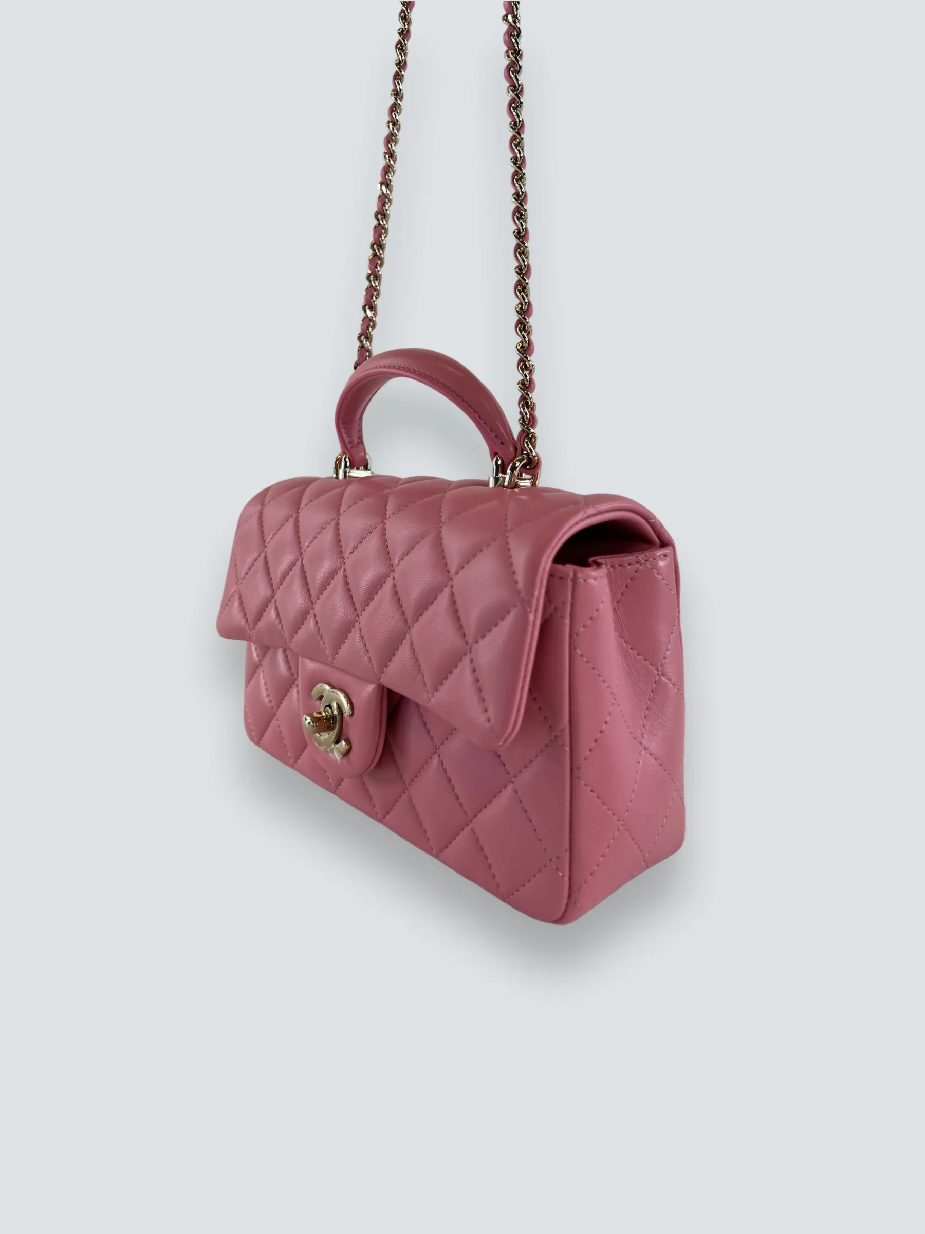 Chanel Pink Lambskin Leather Mini Rectangular Top Handle Flap