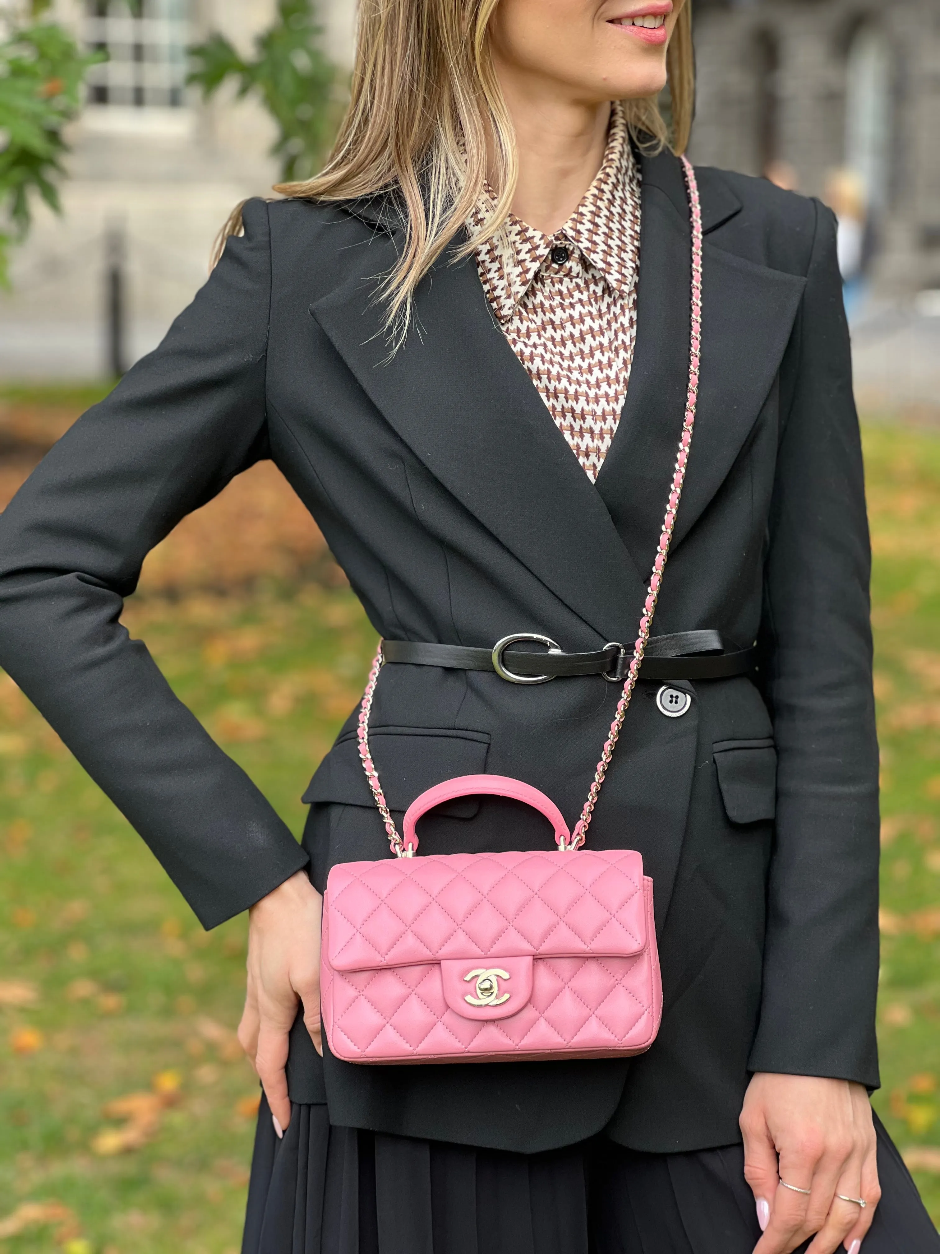 Chanel Pink Lambskin Leather Mini Rectangular Top Handle Flap