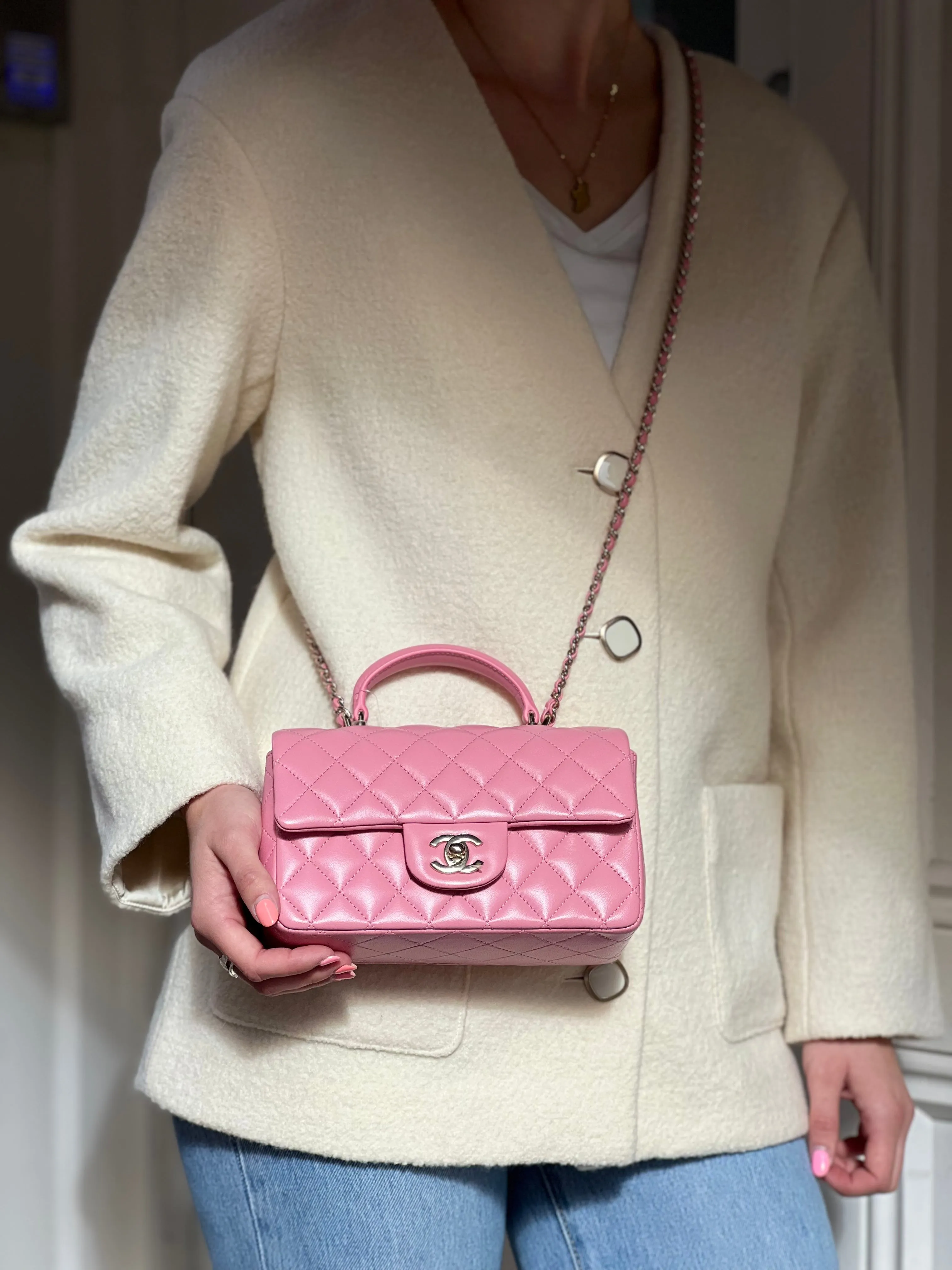 Chanel Pink Lambskin Leather Mini Rectangular Top Handle Flap