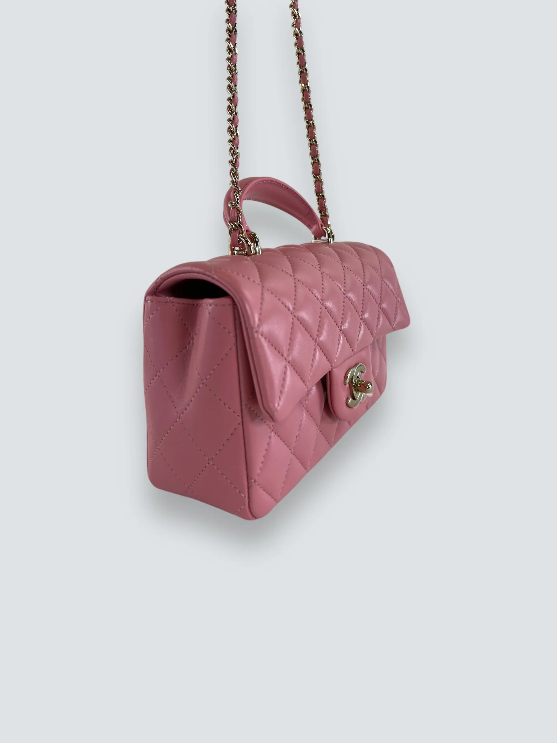Chanel Pink Lambskin Leather Mini Rectangular Top Handle Flap