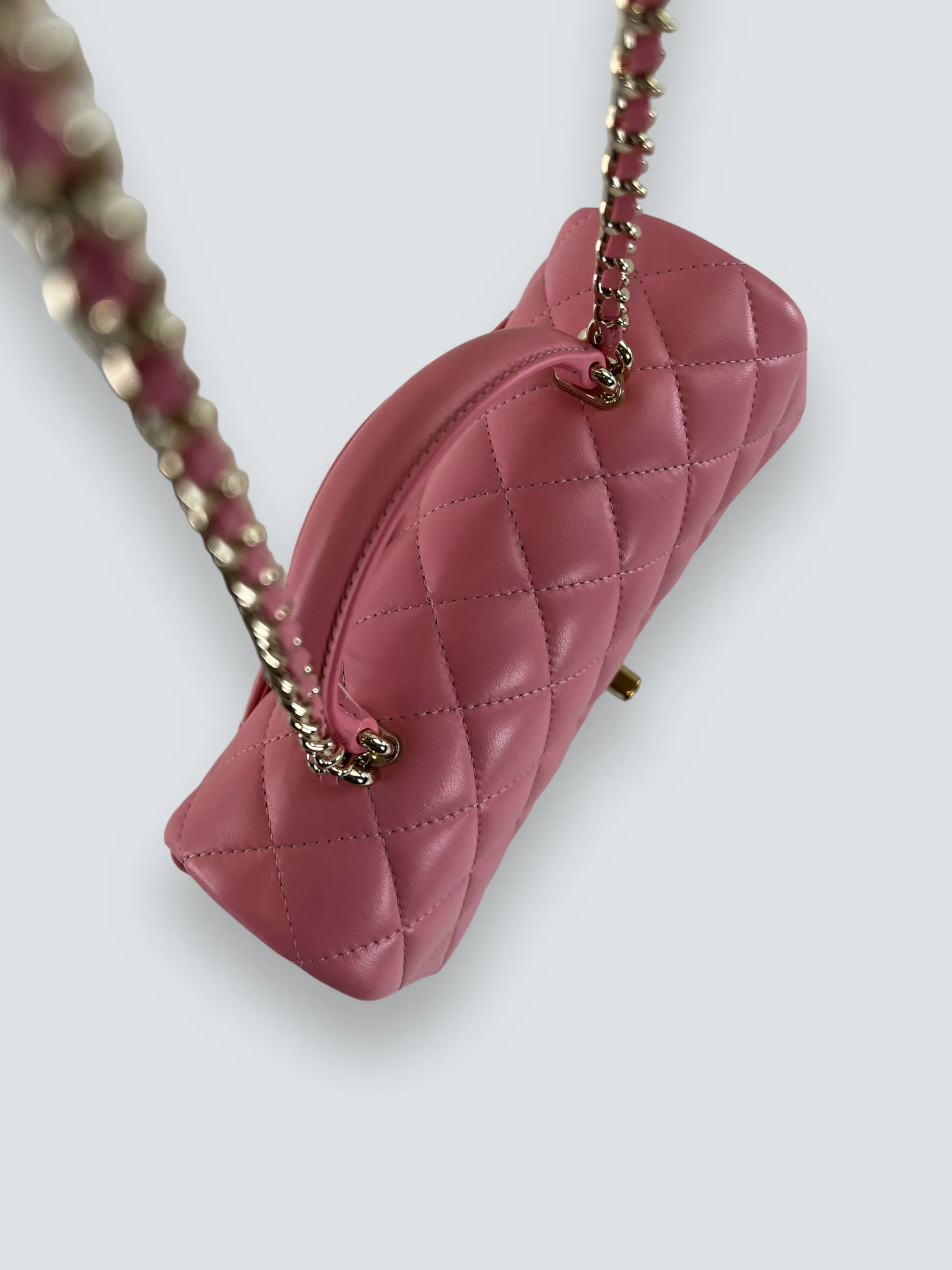 Chanel Pink Lambskin Leather Mini Rectangular Top Handle Flap