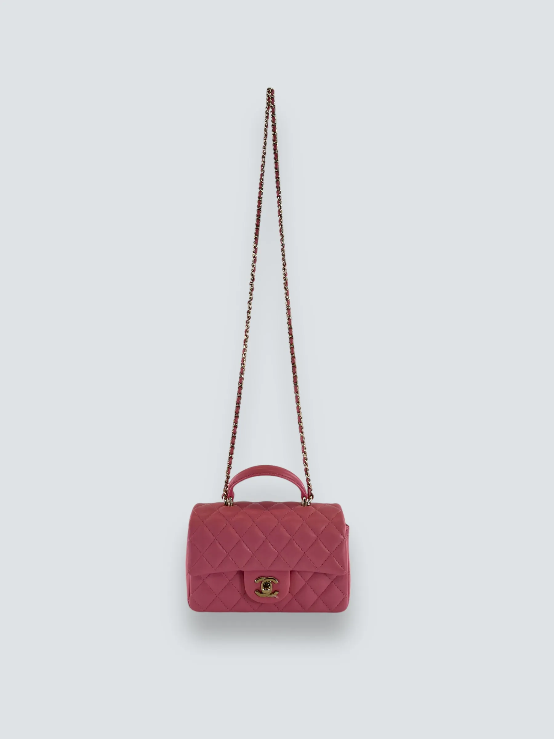Chanel Pink Lambskin Leather Mini Rectangular Top Handle Flap