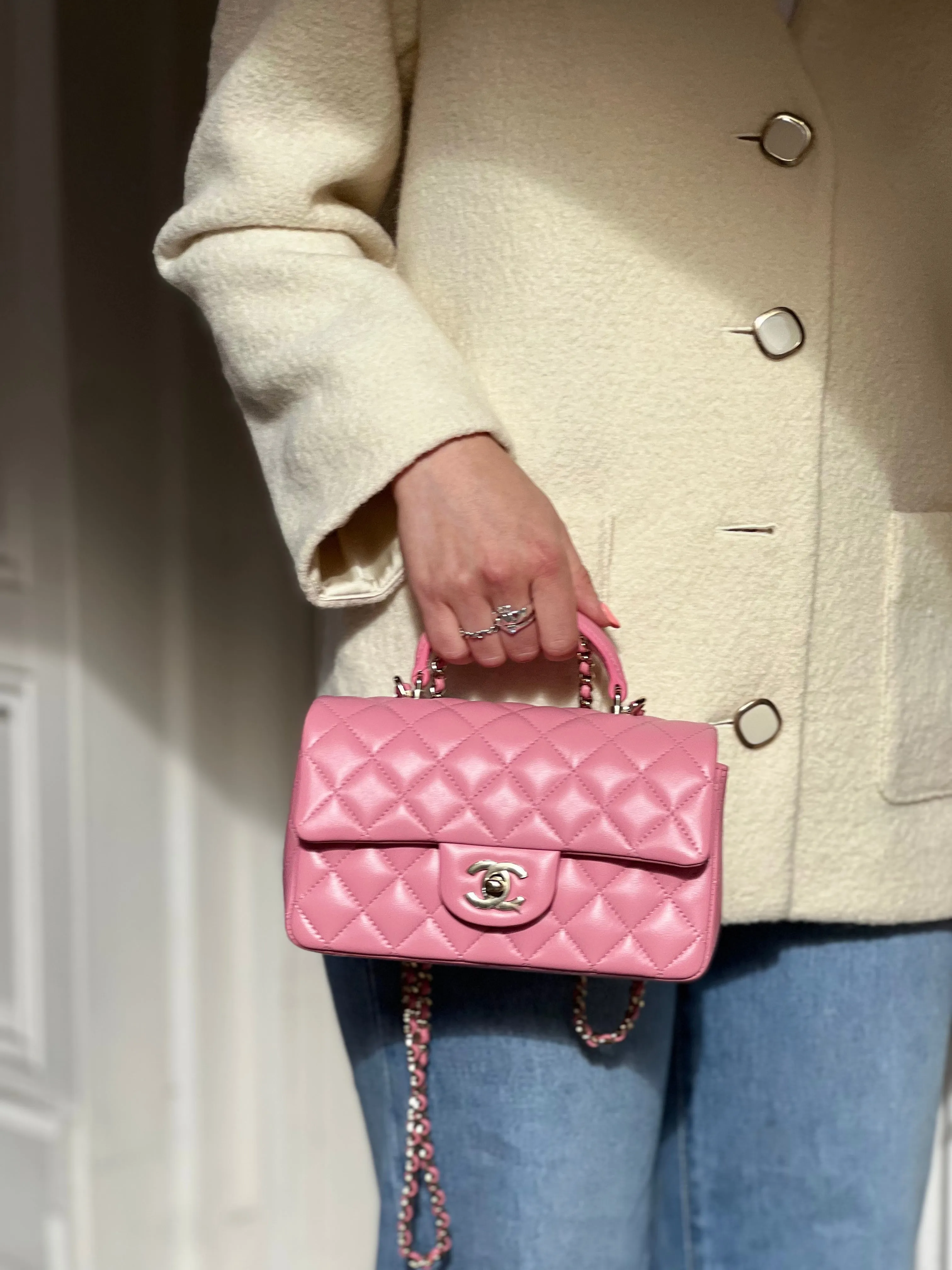 Chanel Pink Lambskin Leather Mini Rectangular Top Handle Flap