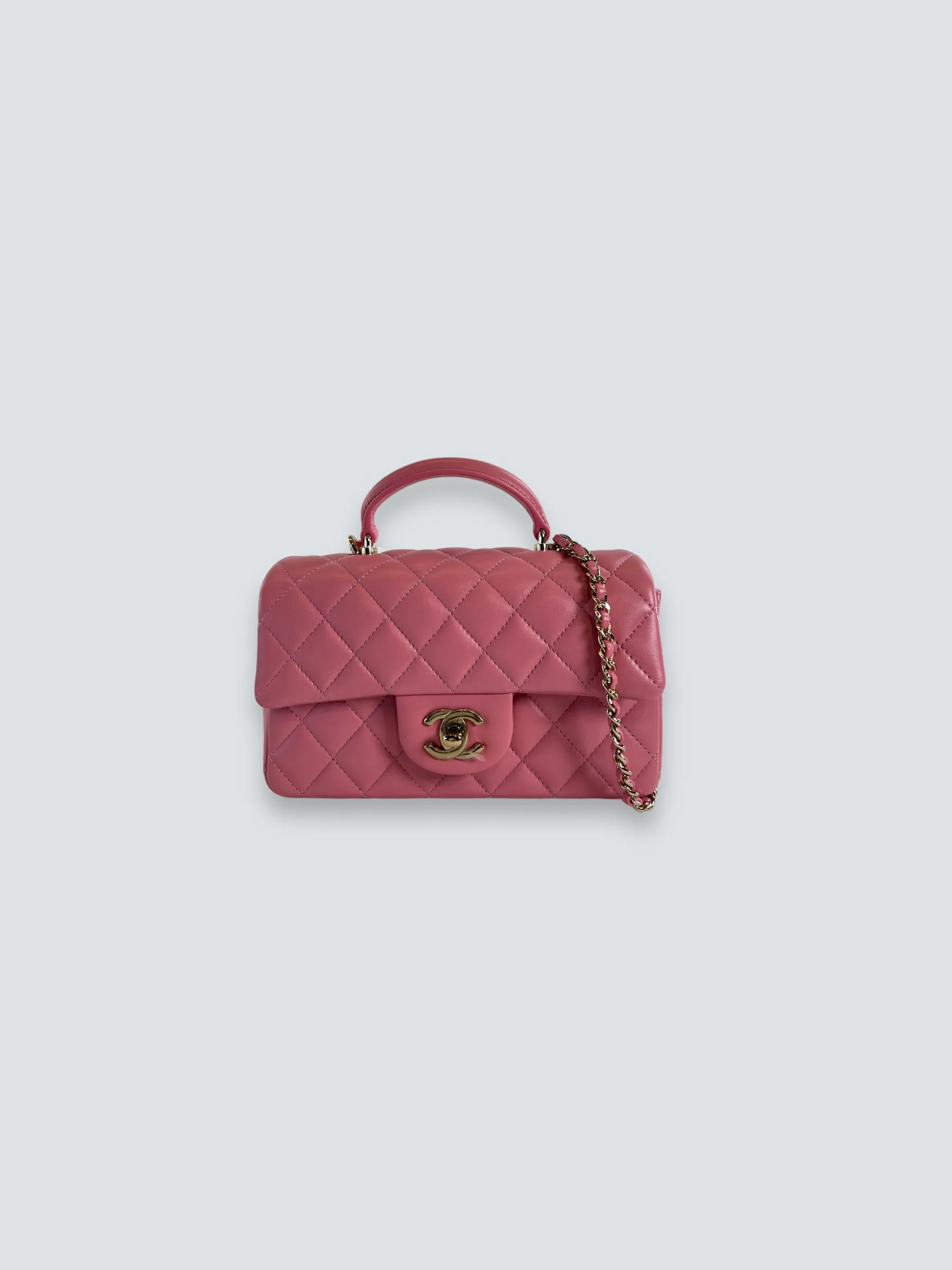 Chanel Pink Lambskin Leather Mini Rectangular Top Handle Flap