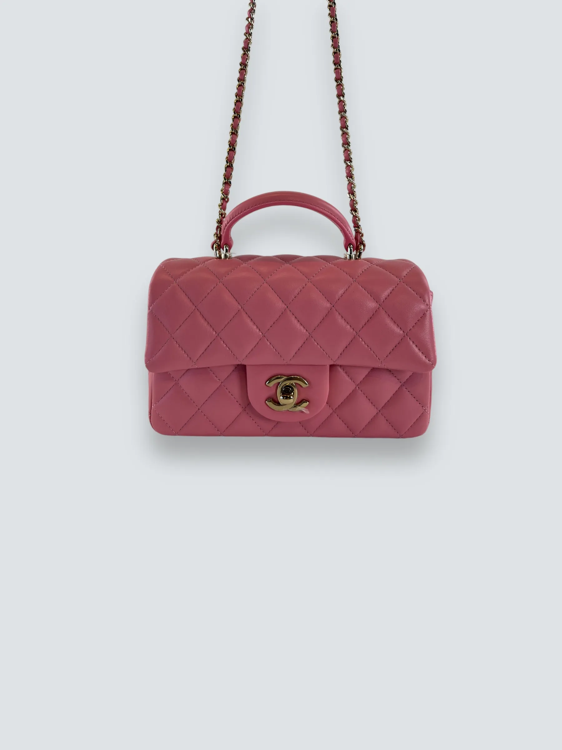 Chanel Pink Lambskin Leather Mini Rectangular Top Handle Flap