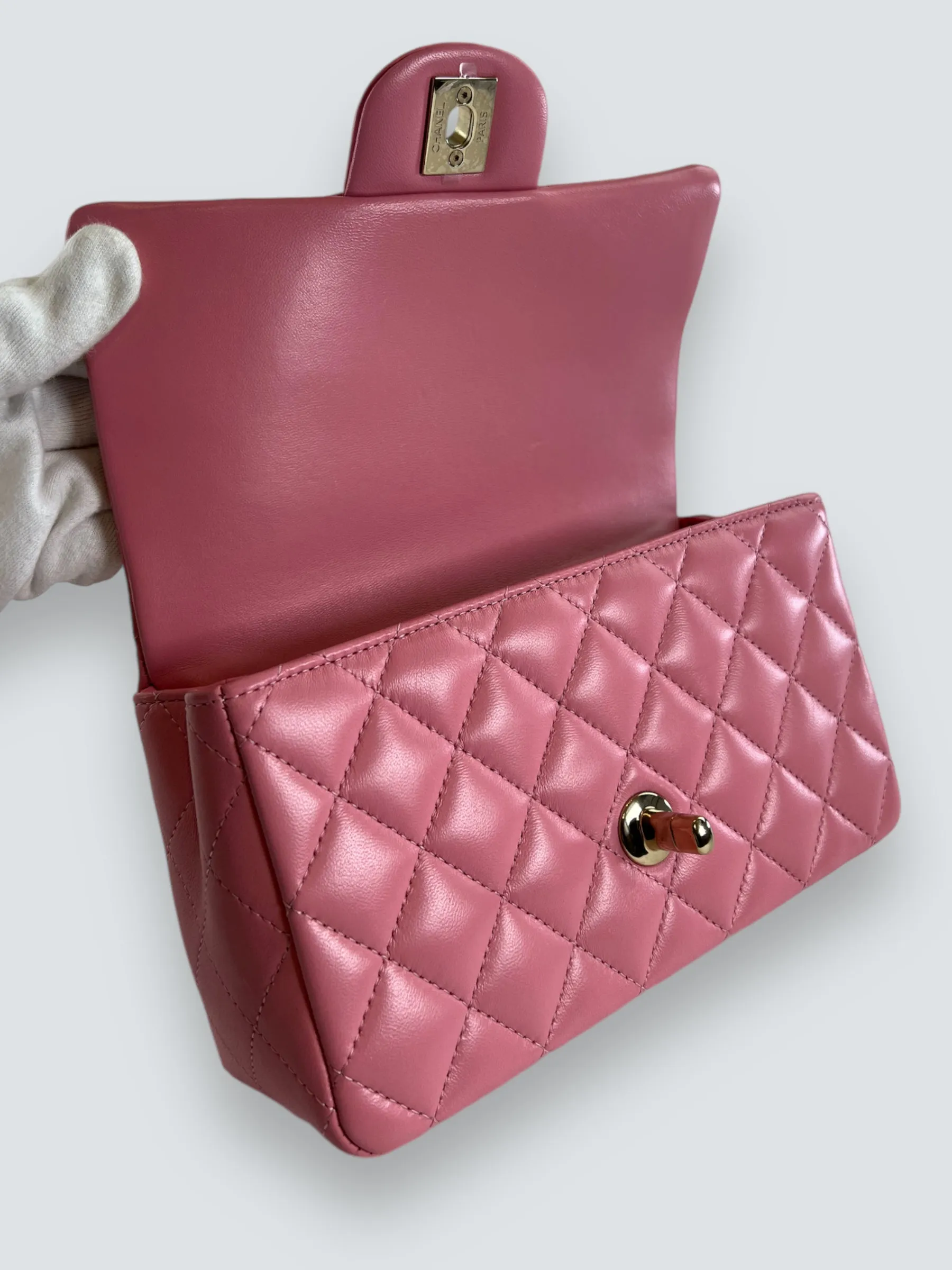 Chanel Pink Lambskin Leather Mini Rectangular Top Handle Flap