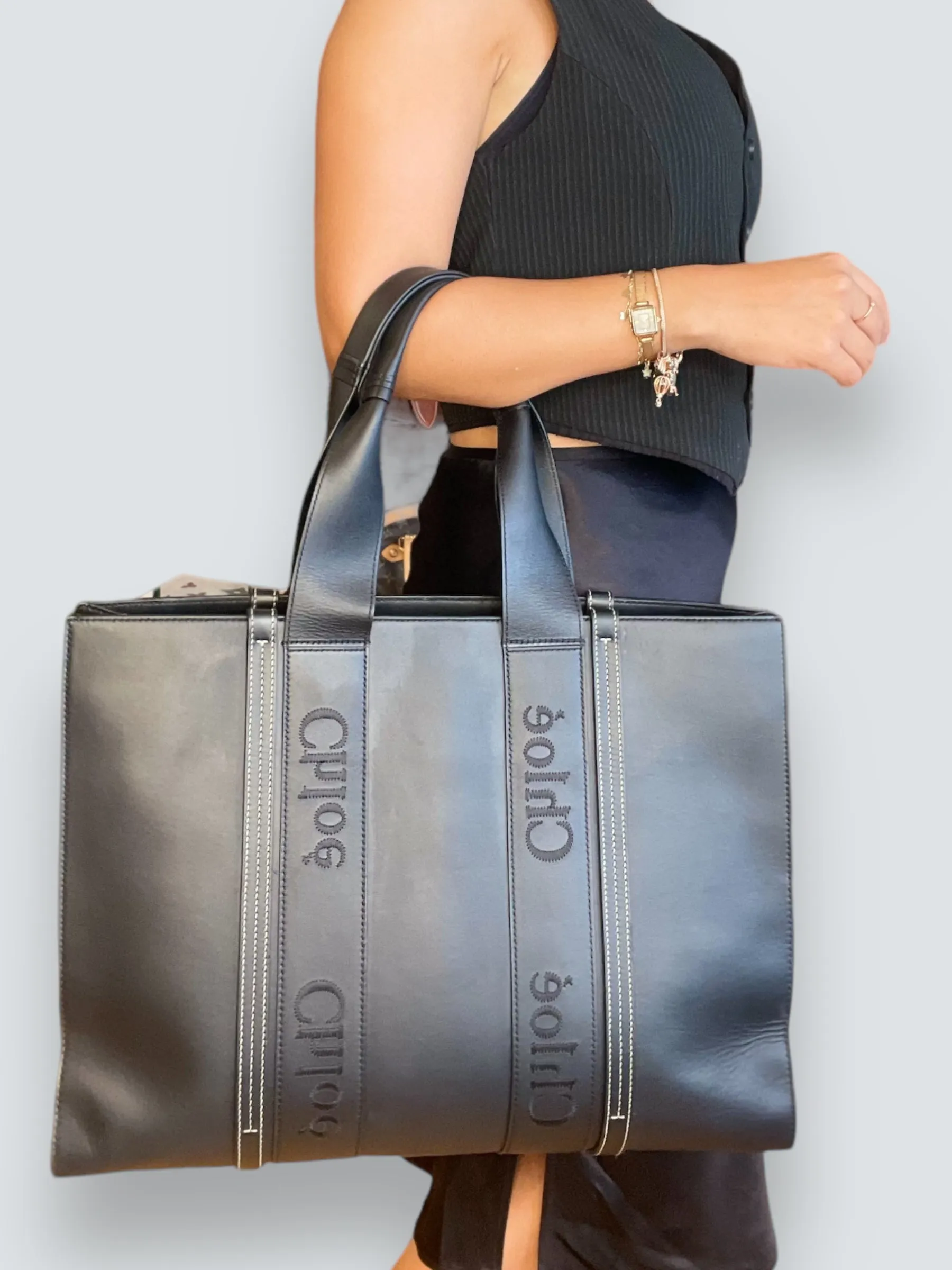 Chloe Black Soft Calfskin Leather Large Woody Tote