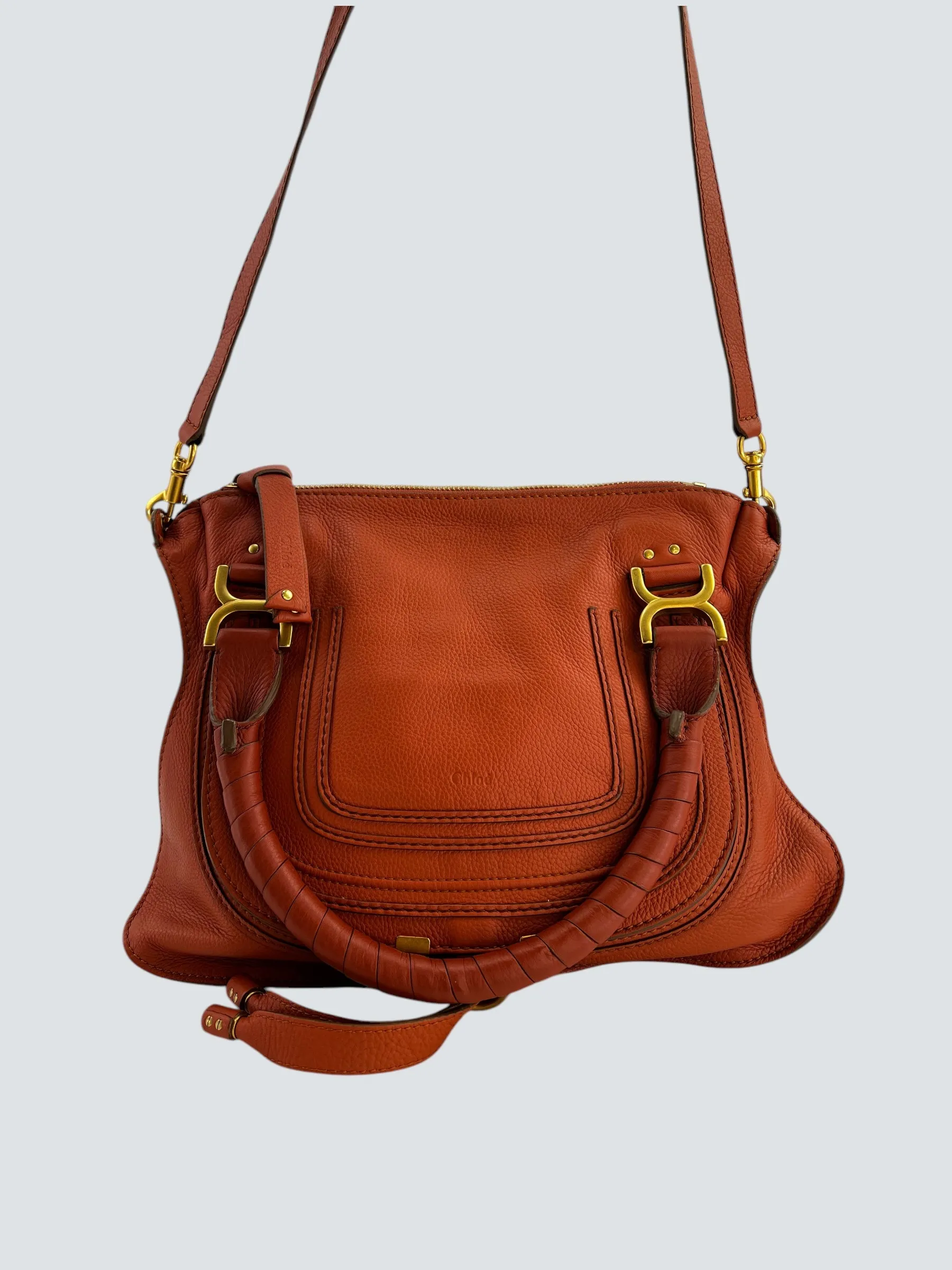 Chloe Orange Leather Marcie Tote Crossbody Handbag