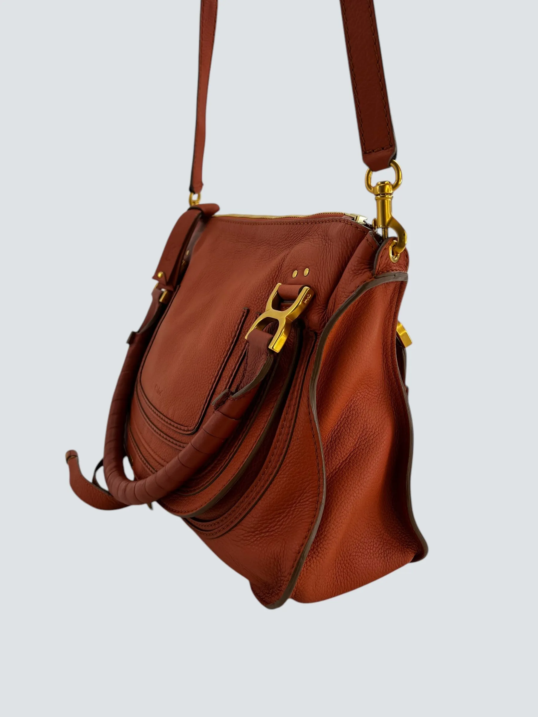 Chloe Orange Leather Marcie Tote Crossbody Handbag