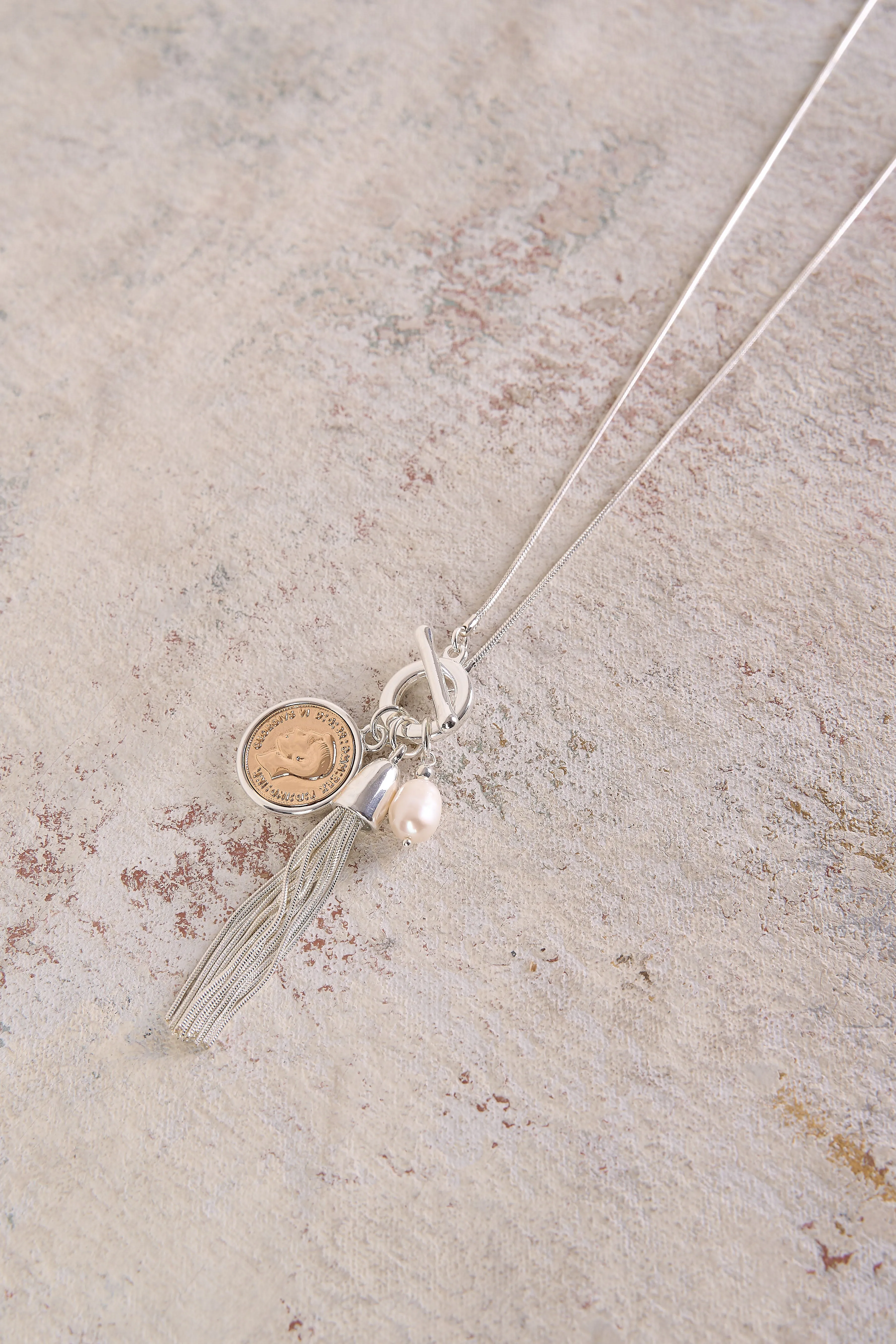 Coin & Tassel Pendant Necklace - Silver
