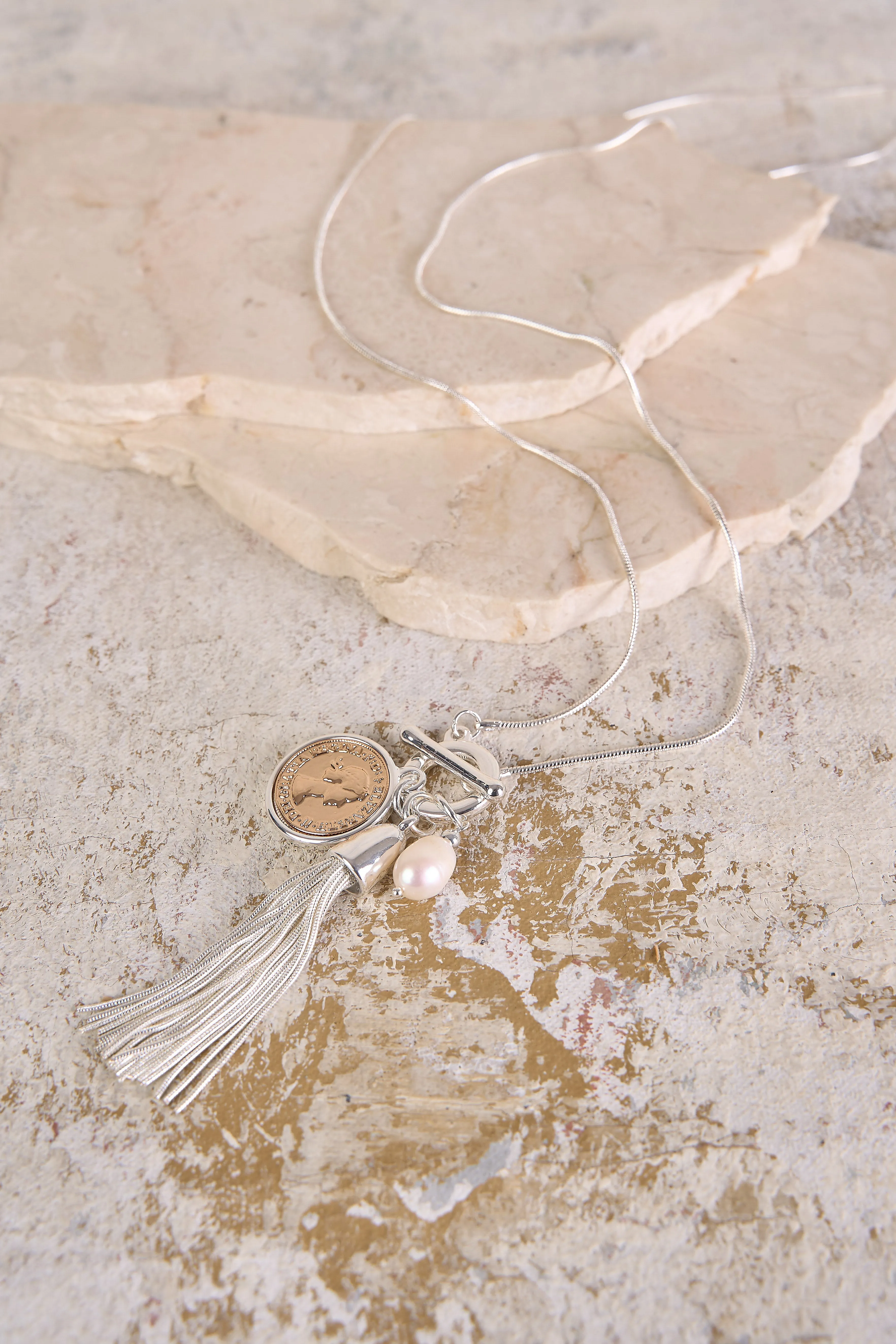 Coin & Tassel Pendant Necklace - Silver