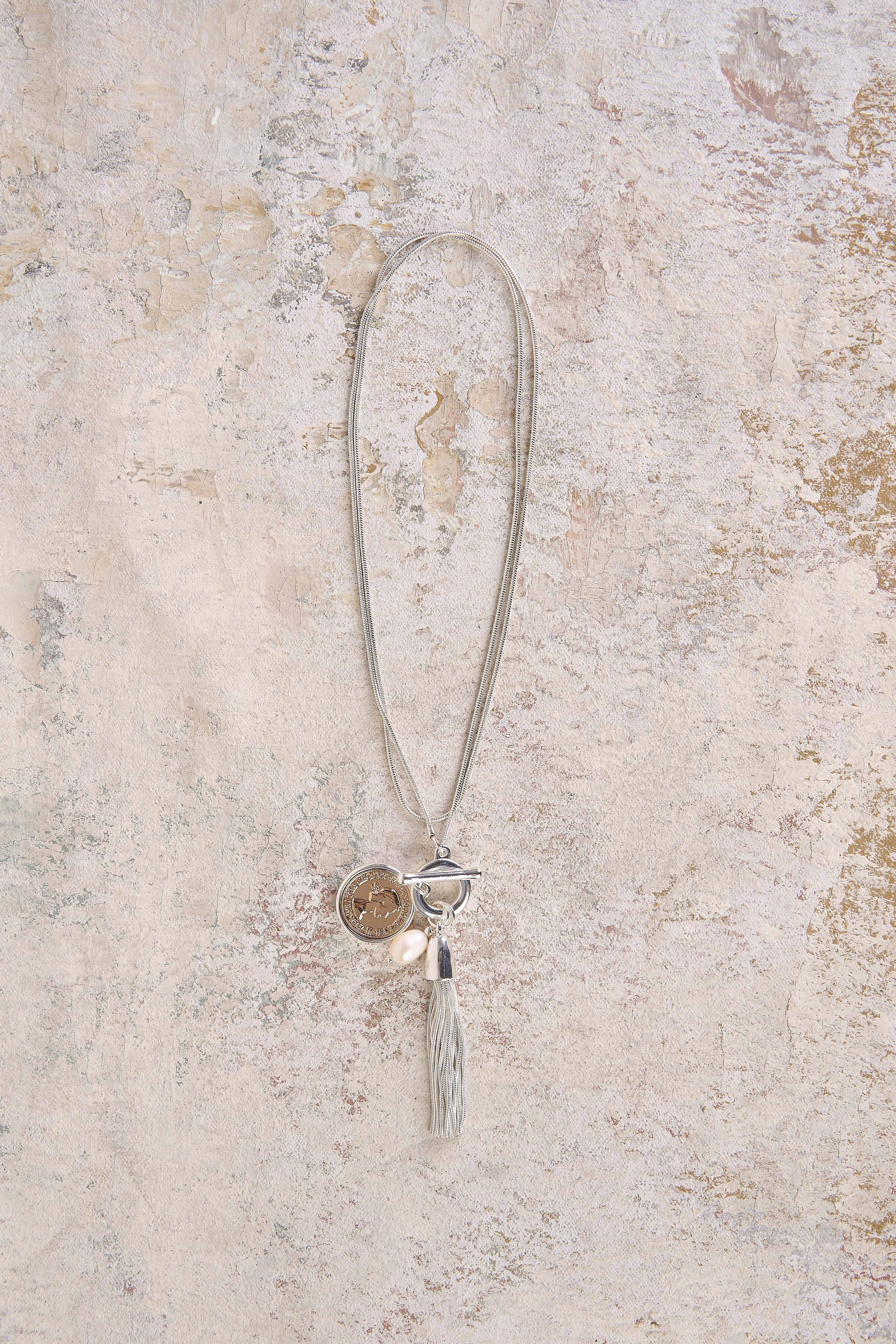 Coin & Tassel Pendant Necklace - Silver