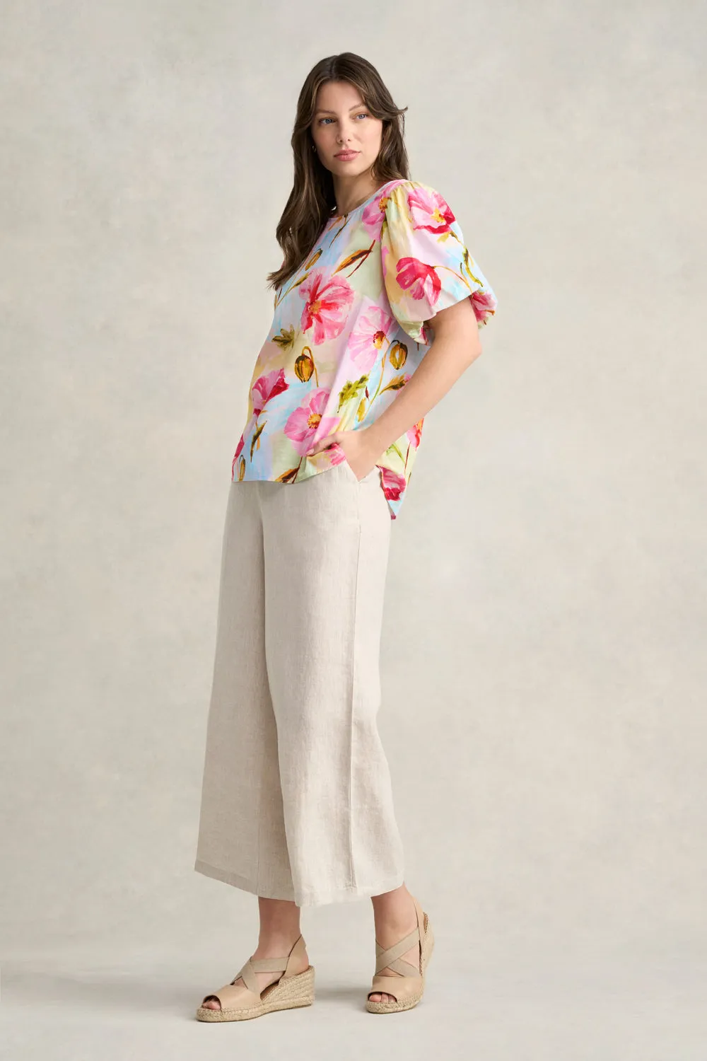 Cotton Puff Sleeve Top - Painterly Meadow