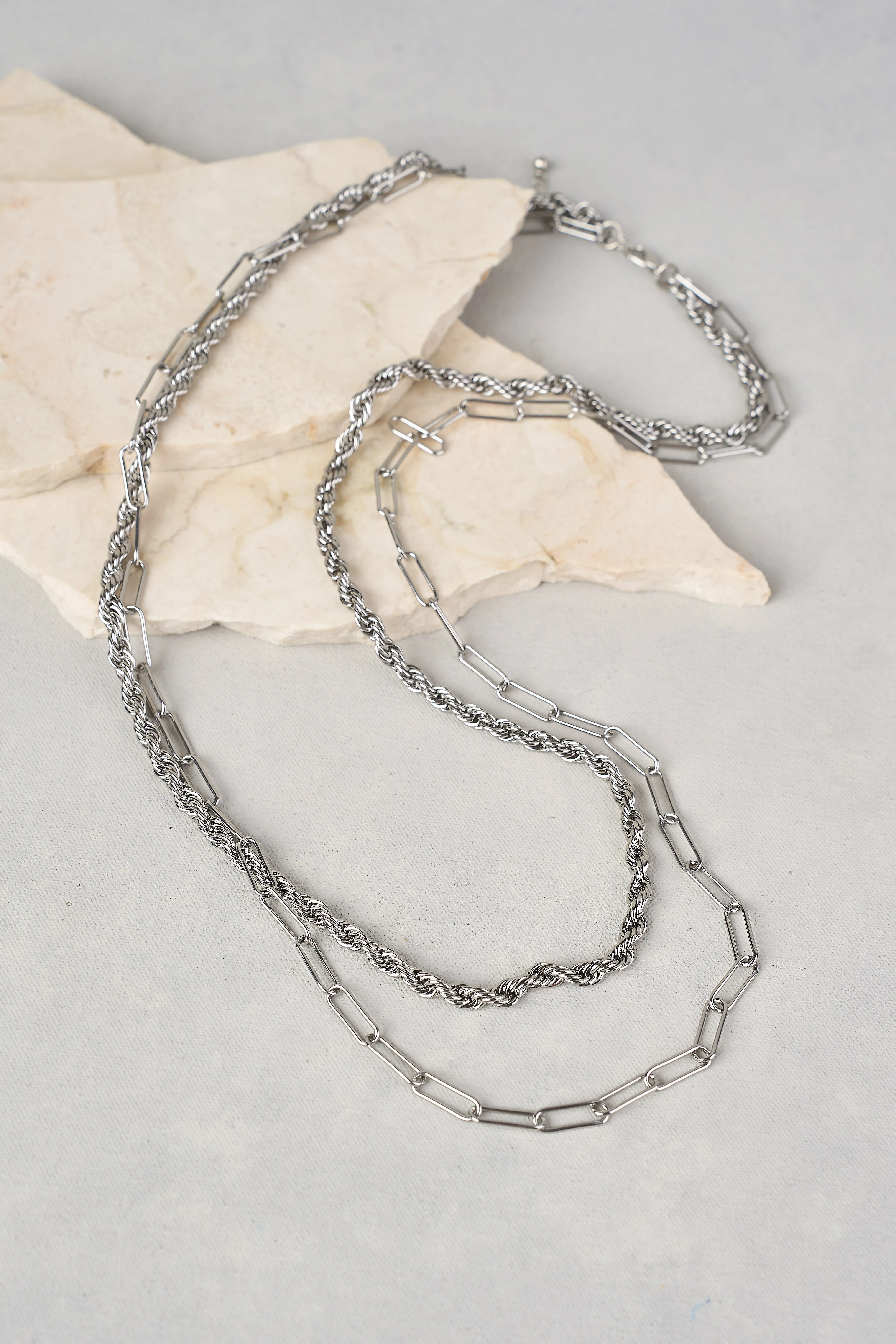 Double Layer Rope Chain Necklace - Rhodium
