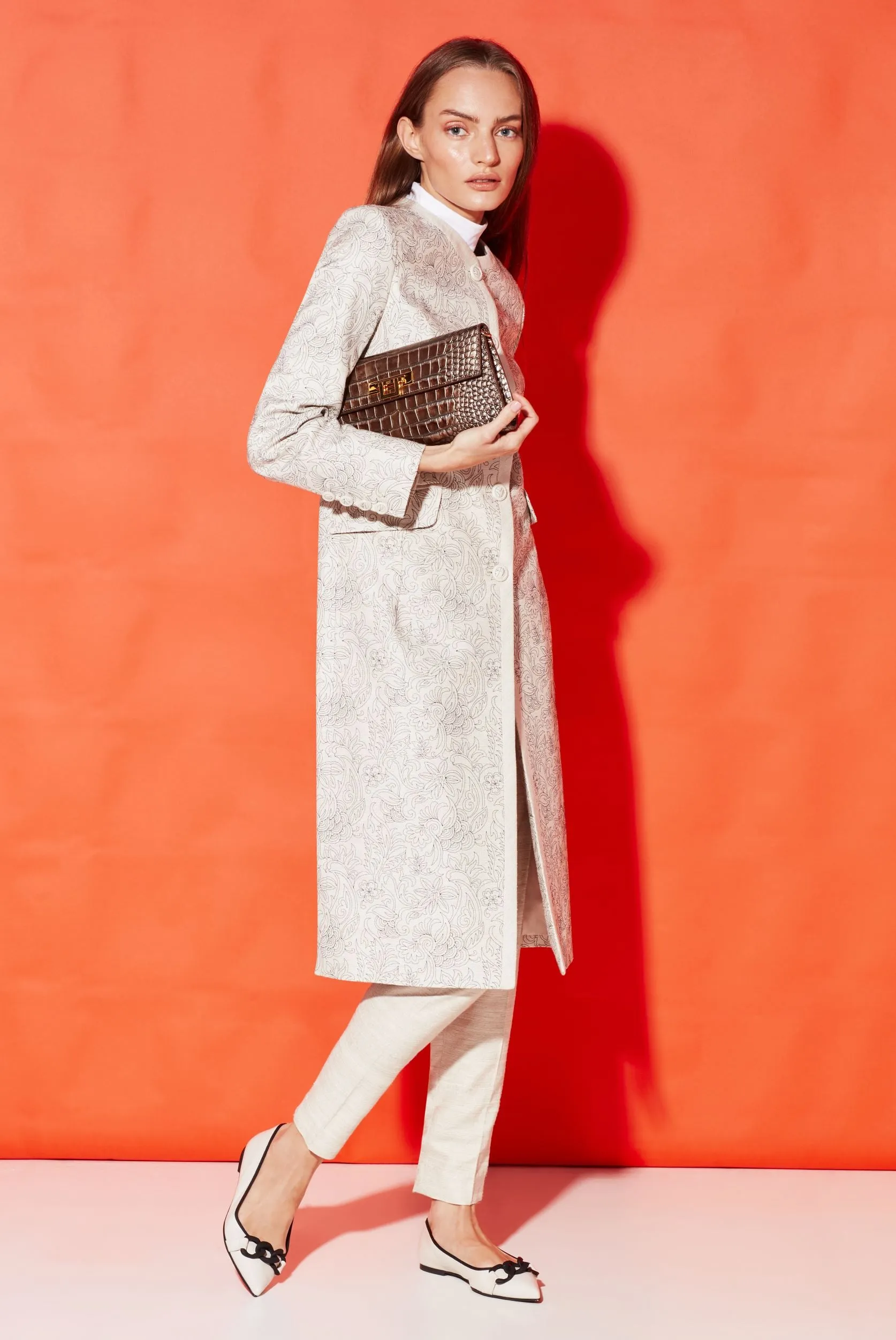 Embroidered Dress Coat in Champagne Raw Silk. with Navy - Chloe