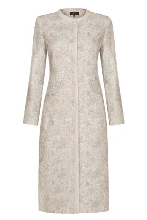 Embroidered Dress Coat in Champagne Raw Silk. with Navy - Chloe