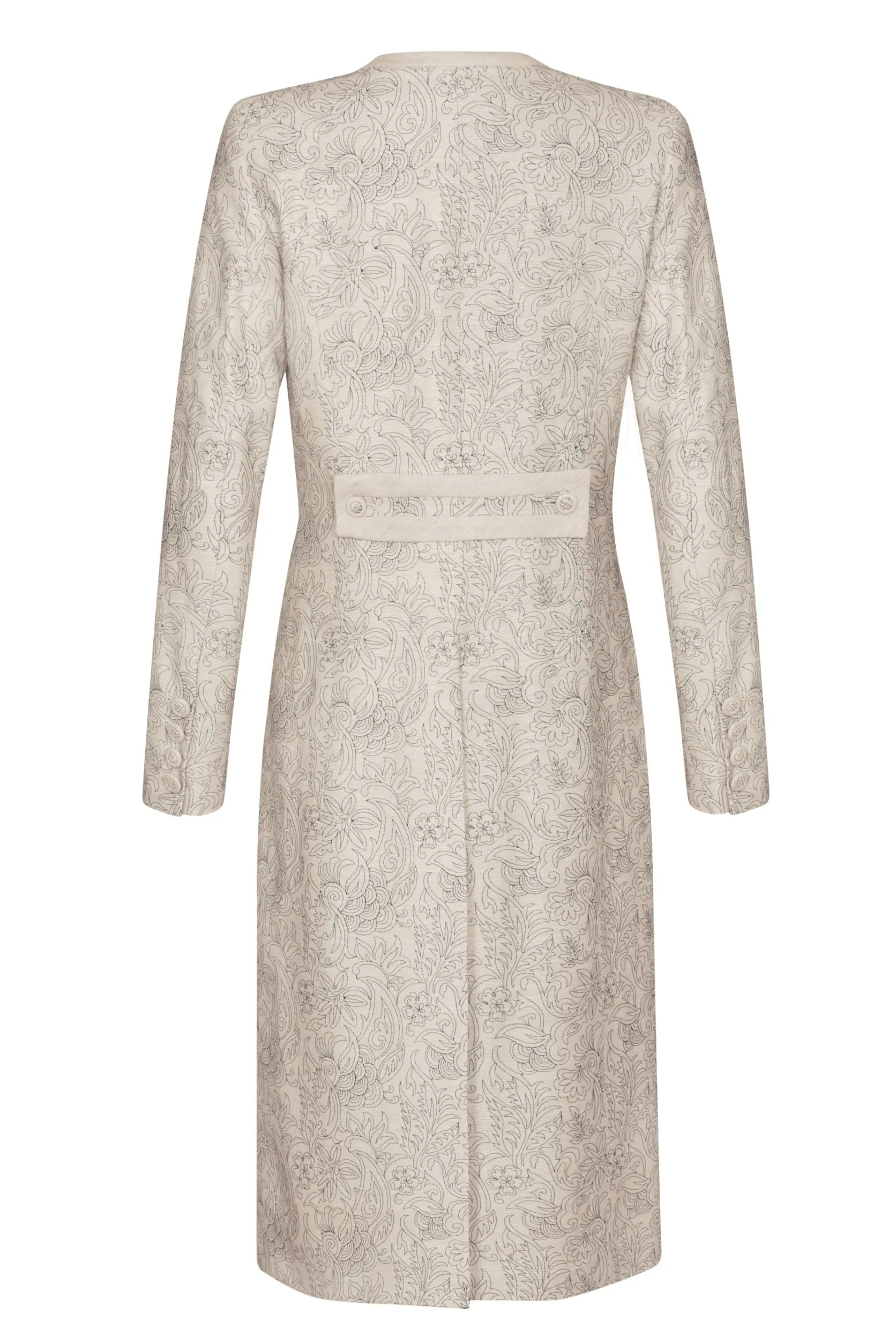 Embroidered Dress Coat in Champagne Raw Silk. with Navy - Chloe