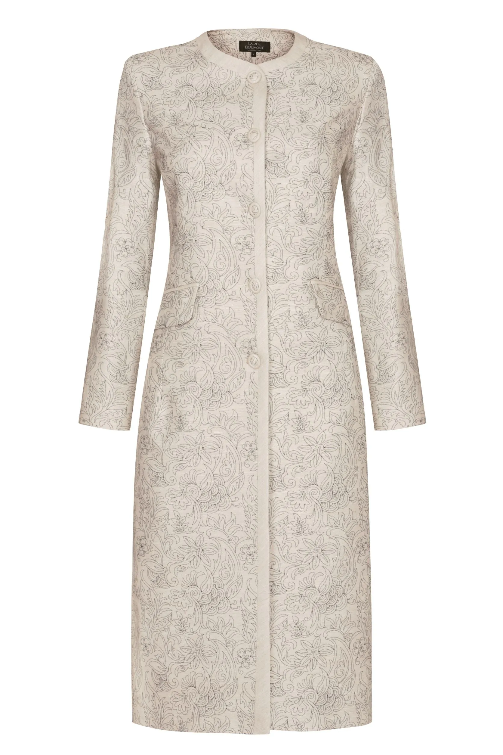 Embroidered Dress Coat in Champagne Raw Silk. with Navy - Chloe