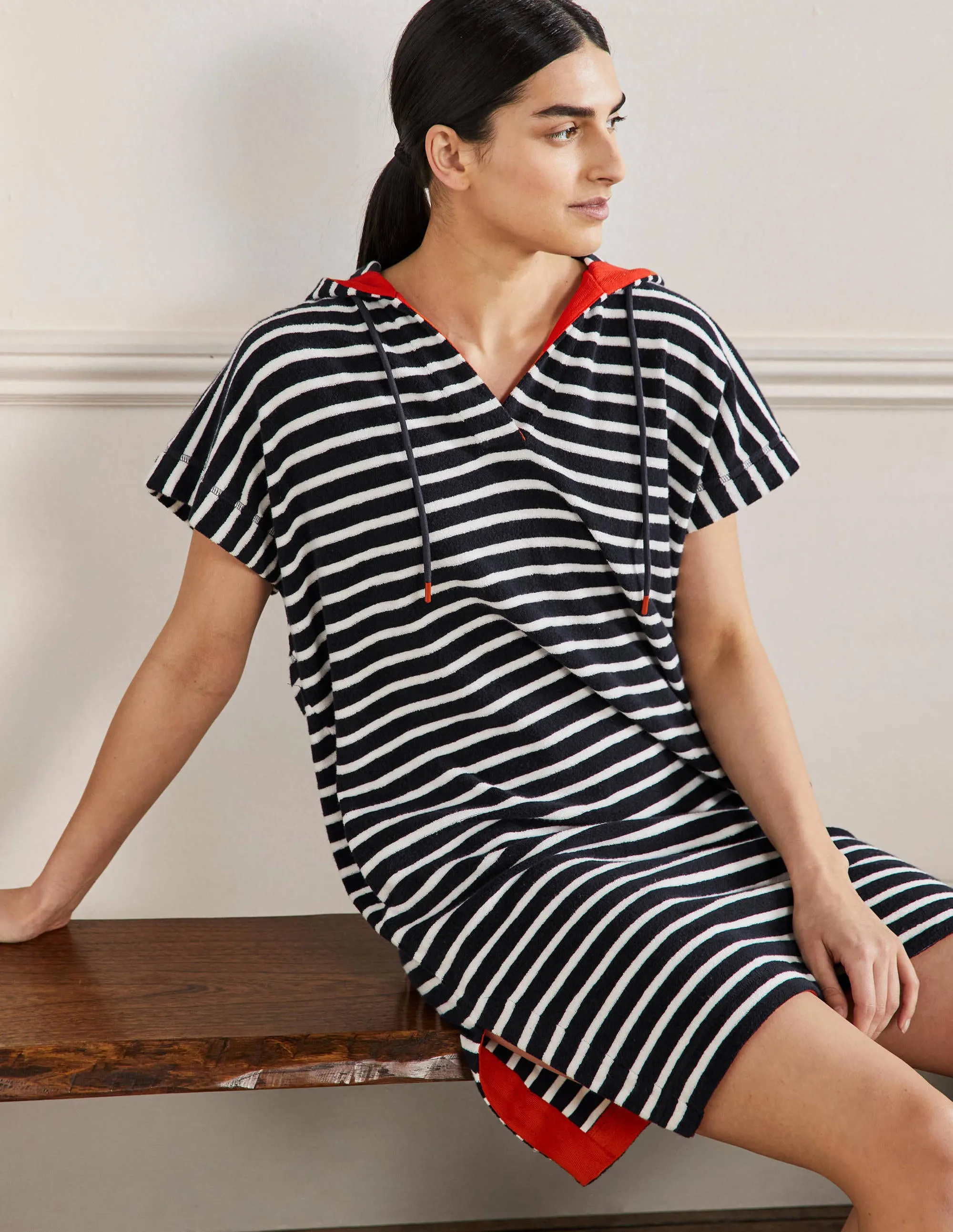 Erica Hooded Towelling Dress-French Navy and Ivory Stripe
