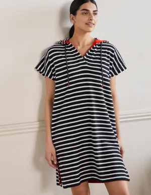 Erica Hooded Towelling Dress-French Navy and Ivory Stripe