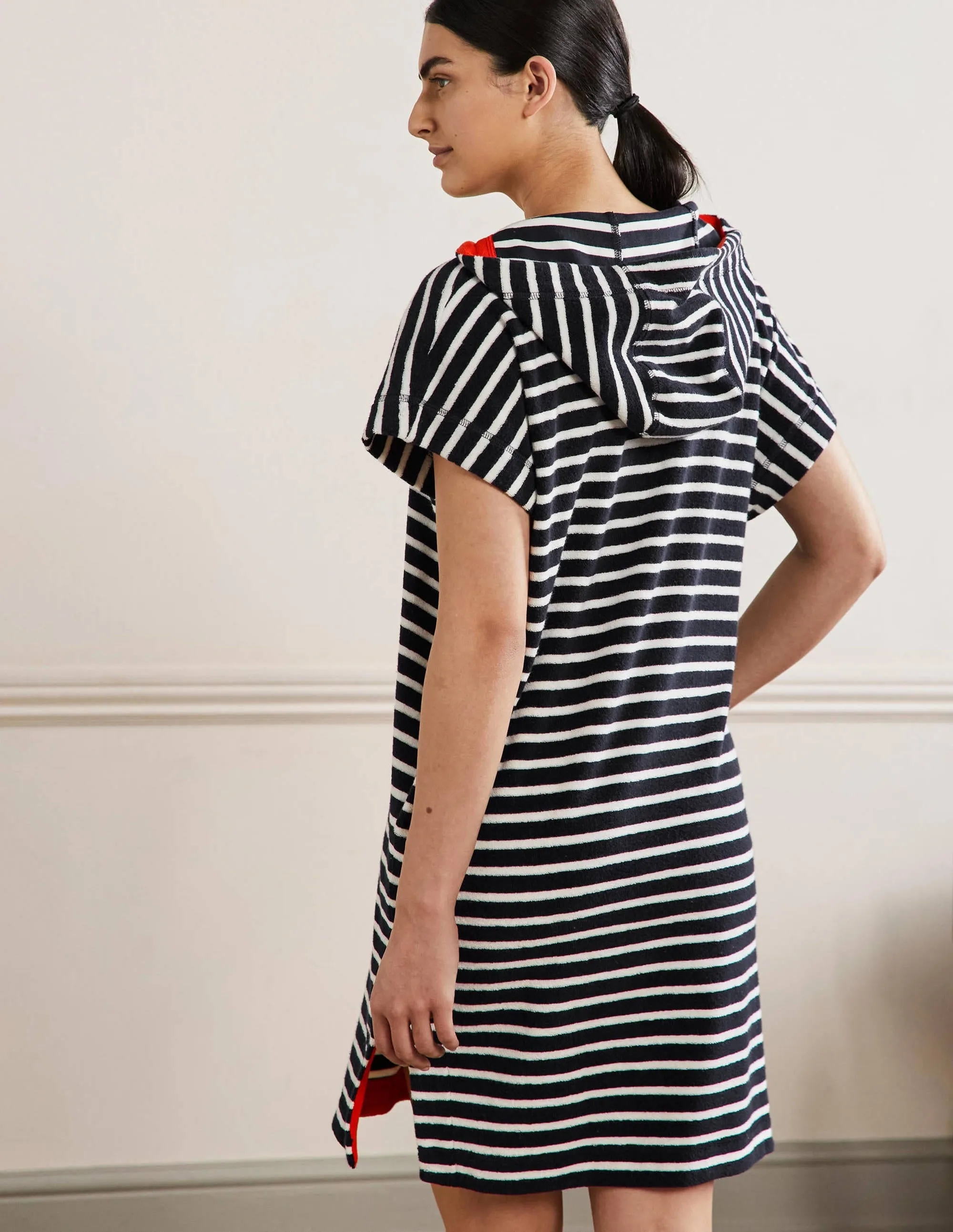 Erica Hooded Towelling Dress-French Navy and Ivory Stripe