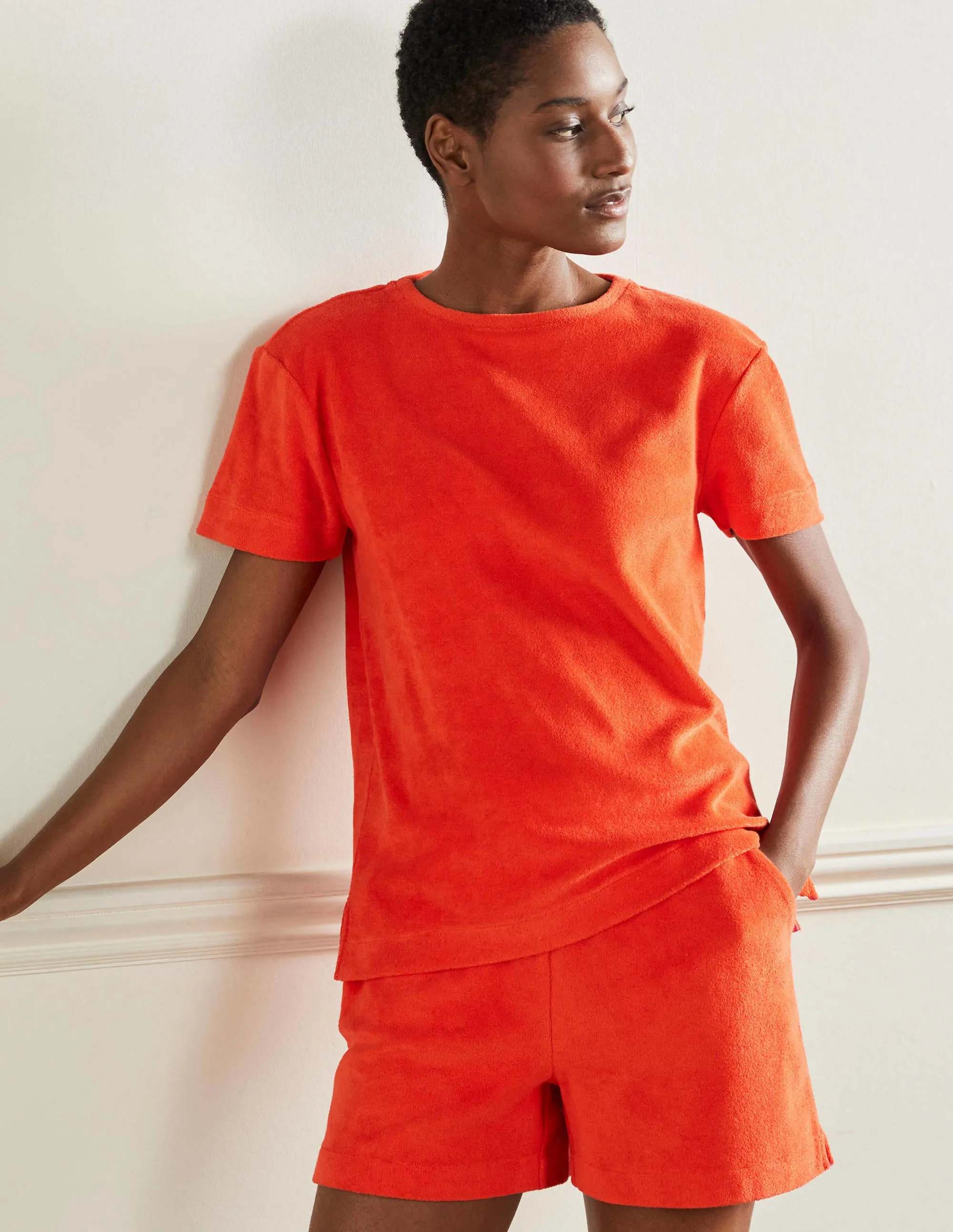 Erica Towelling Crew Neck Top-Bright Papaya
