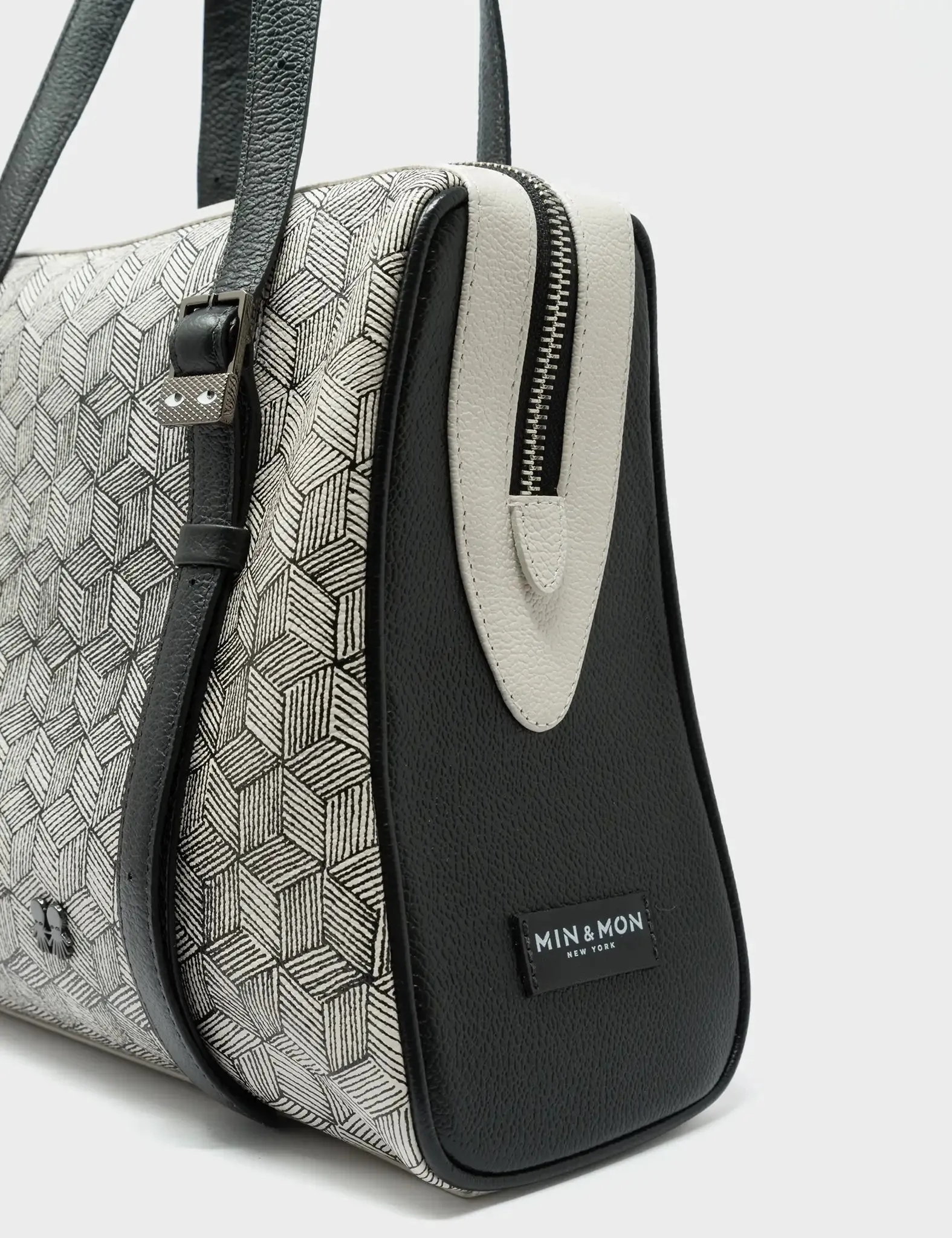 Esther Cream and Black Satchel Bag - Cubes Design
