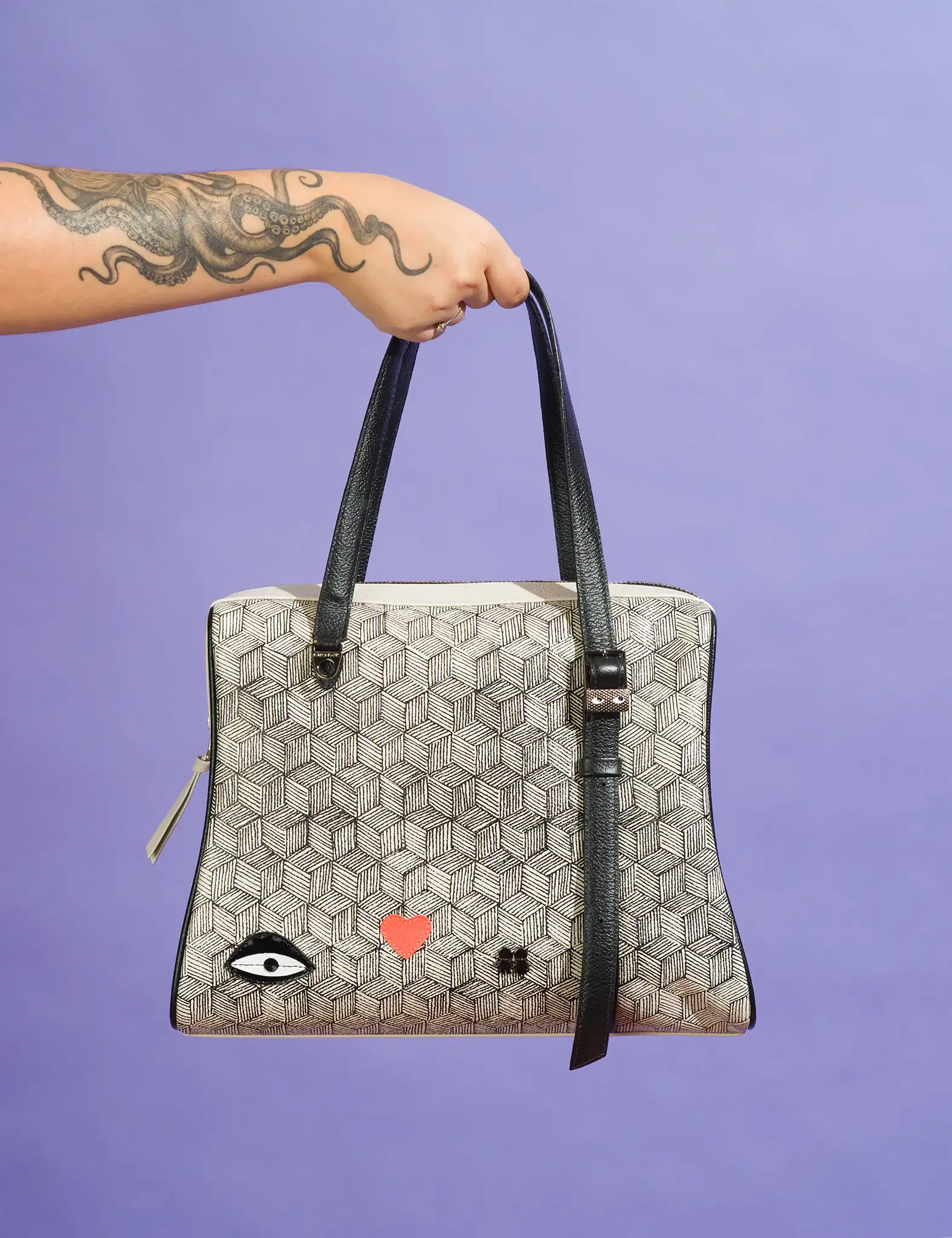 Esther Cream and Black Satchel Bag - Cubes Design