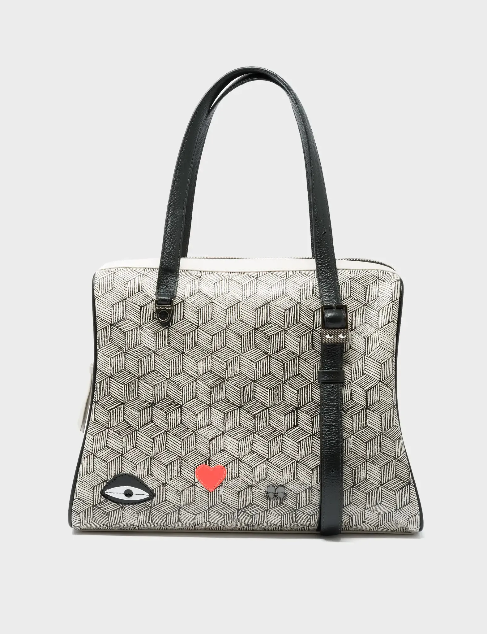Esther Cream and Black Satchel Bag - Cubes Design