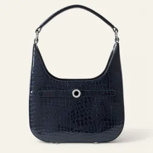 Florence Shoulder Bag | Navy Patent Croc with Silver hardware