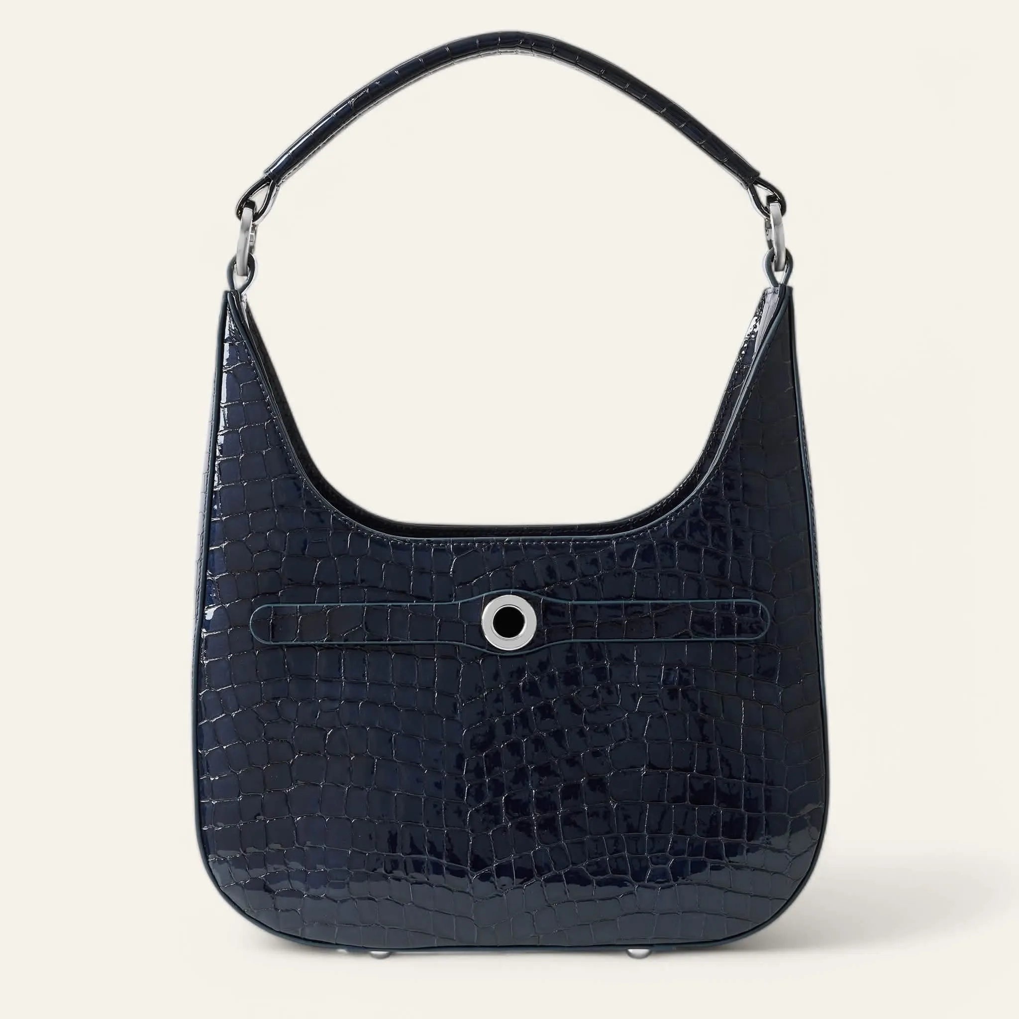 Florence Shoulder Bag | Navy Patent Croc with Silver hardware