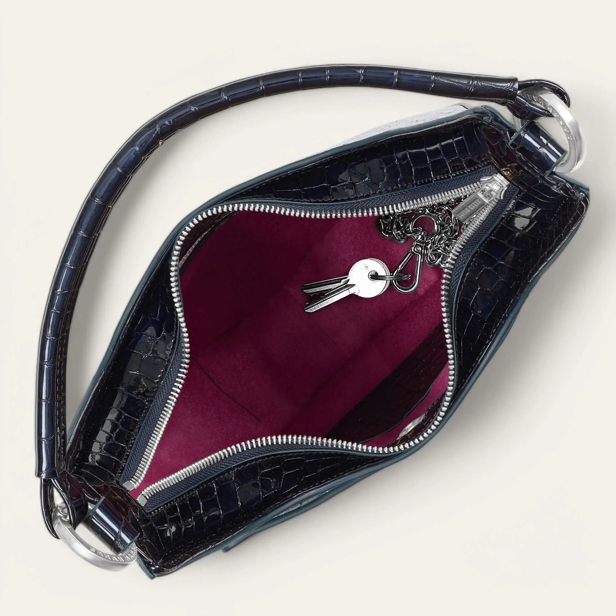 Florence Shoulder Bag | Navy Patent Croc with Silver hardware