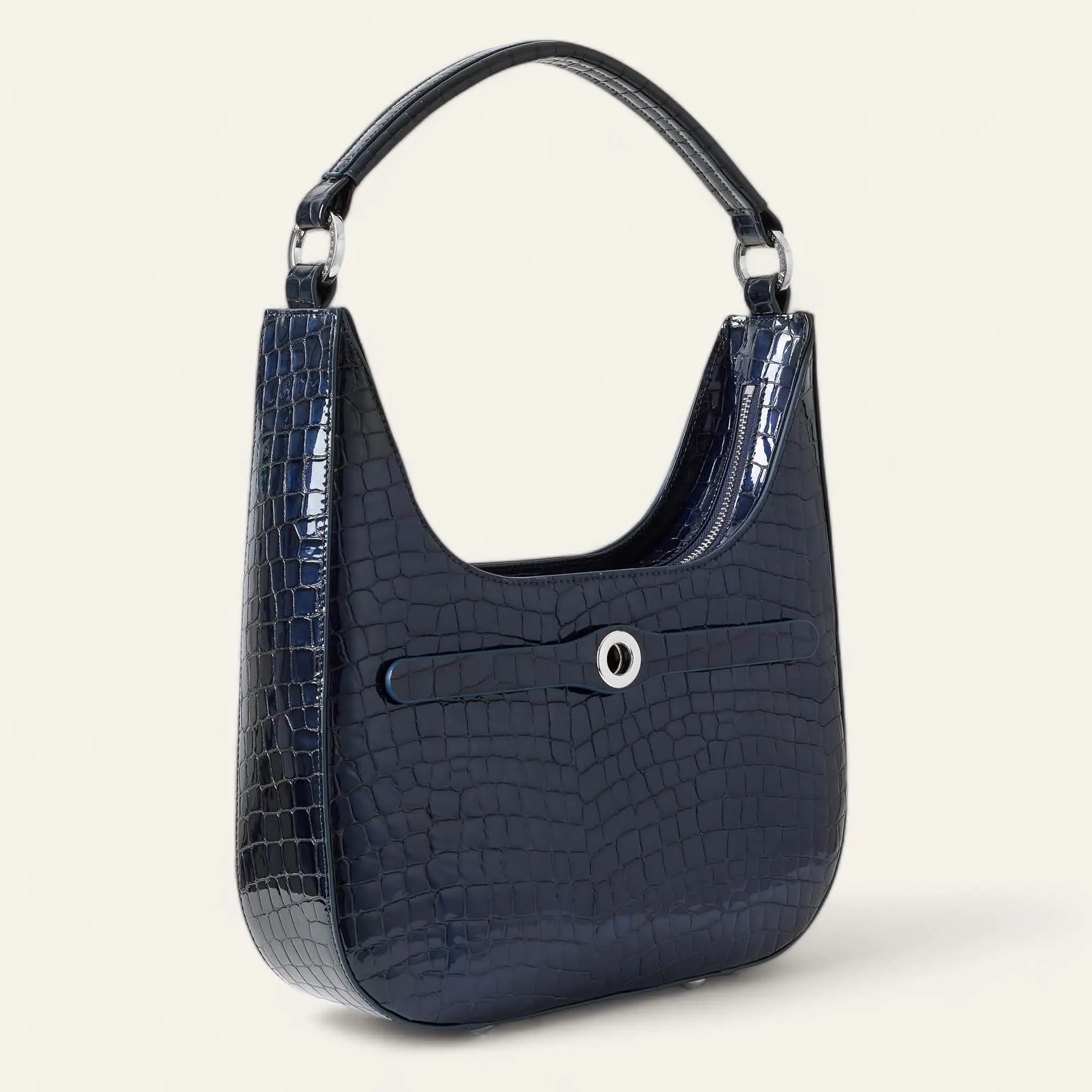 Florence Shoulder Bag | Navy Patent Croc with Silver hardware