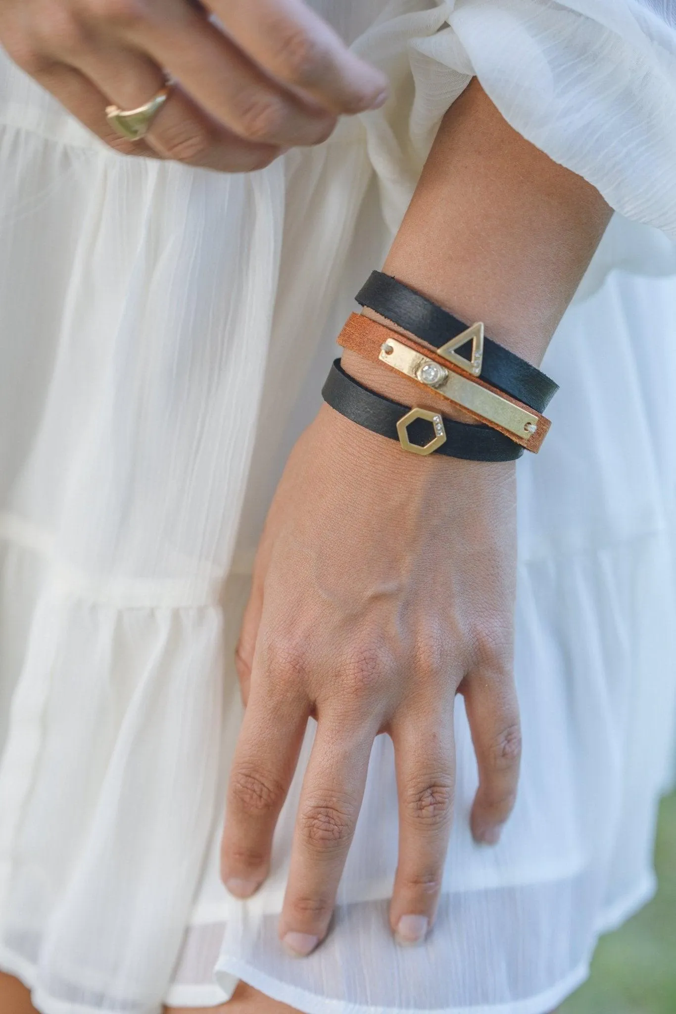 Golden Band with Rhinestone Leather Bracelet