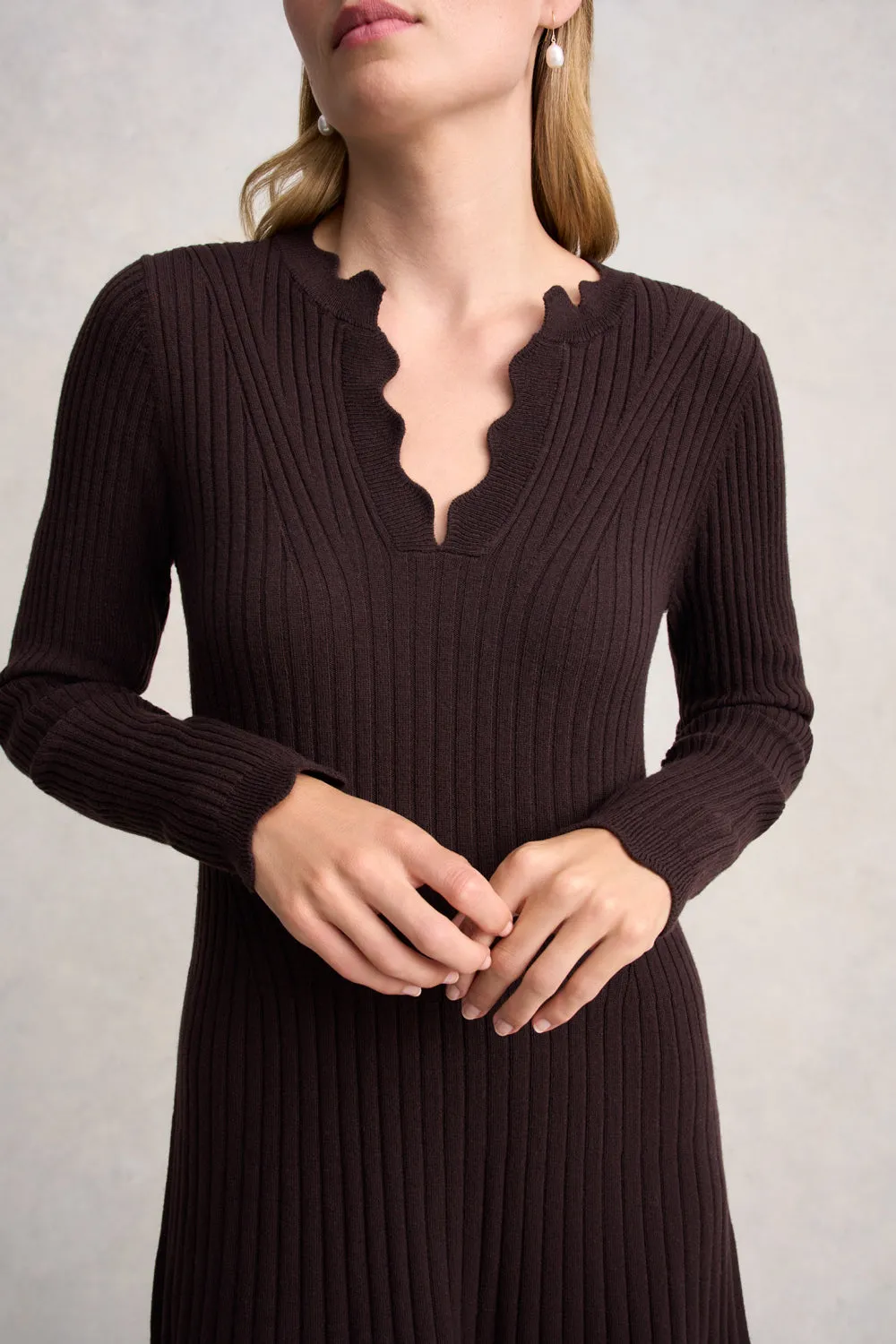 Graduated Rib Wool Dress - Chocolate