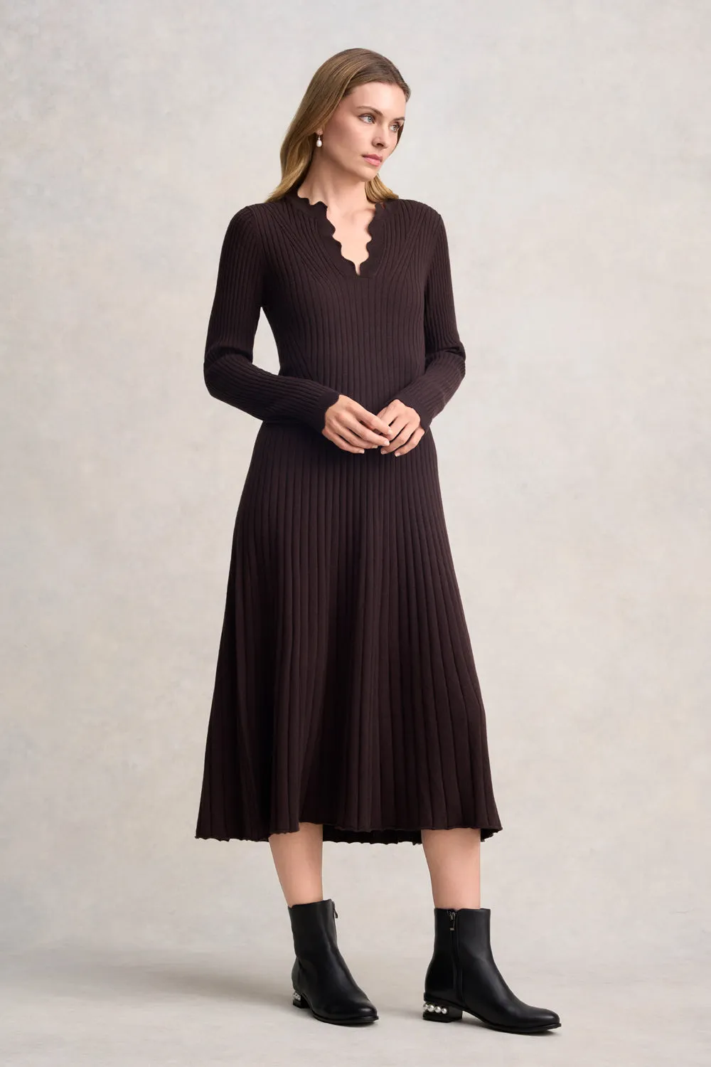 Graduated Rib Wool Dress - Chocolate