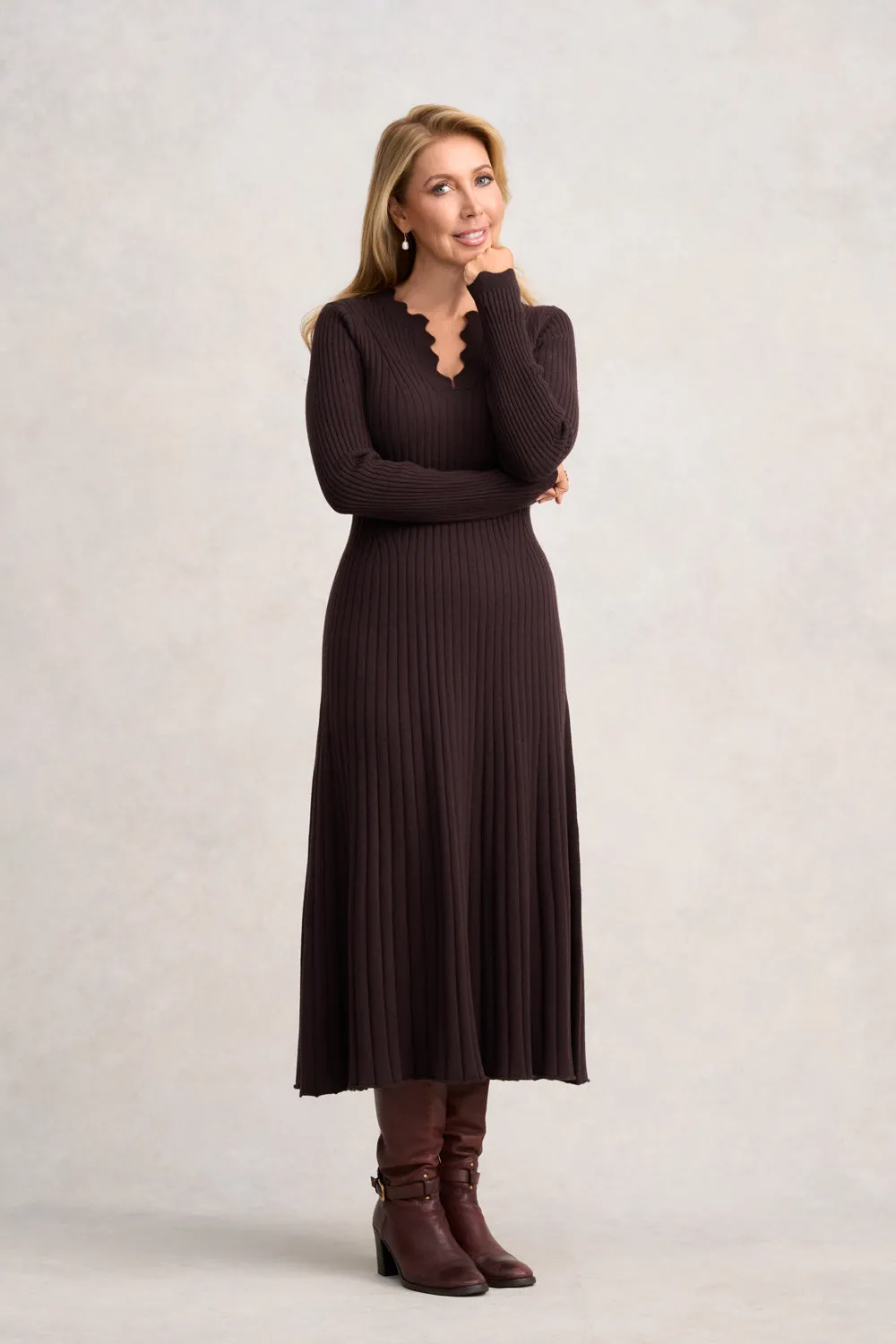 Graduated Rib Wool Dress - Chocolate