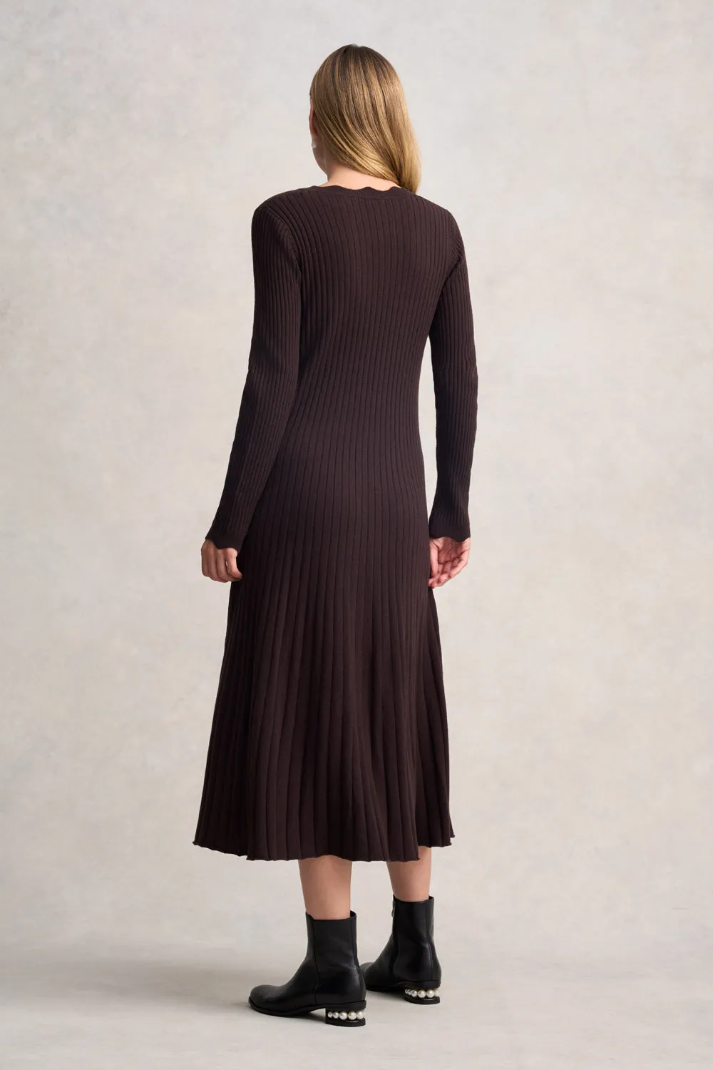 Graduated Rib Wool Dress - Chocolate