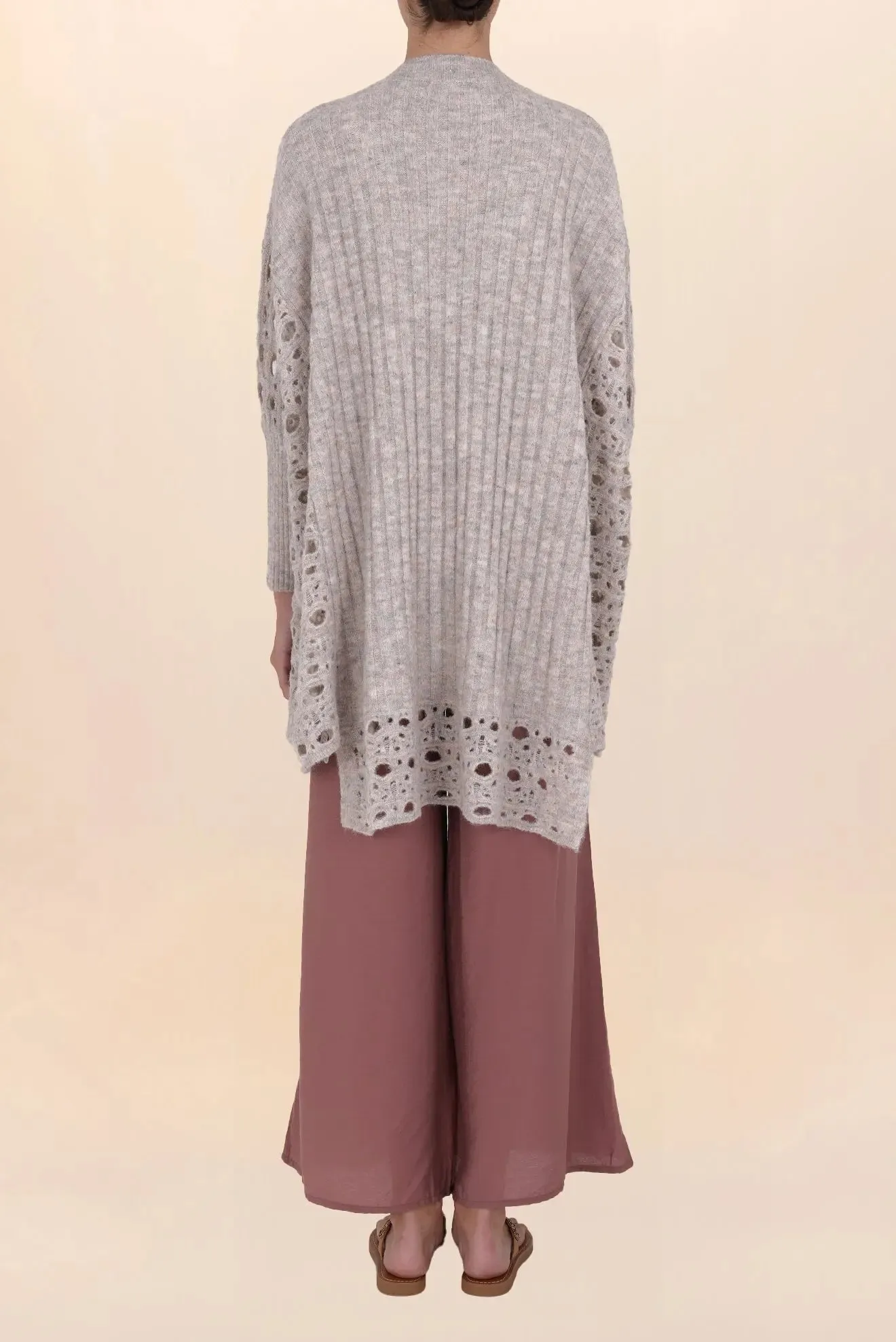 GREIGE PEARL LONG OPENWORK CARDIGAN