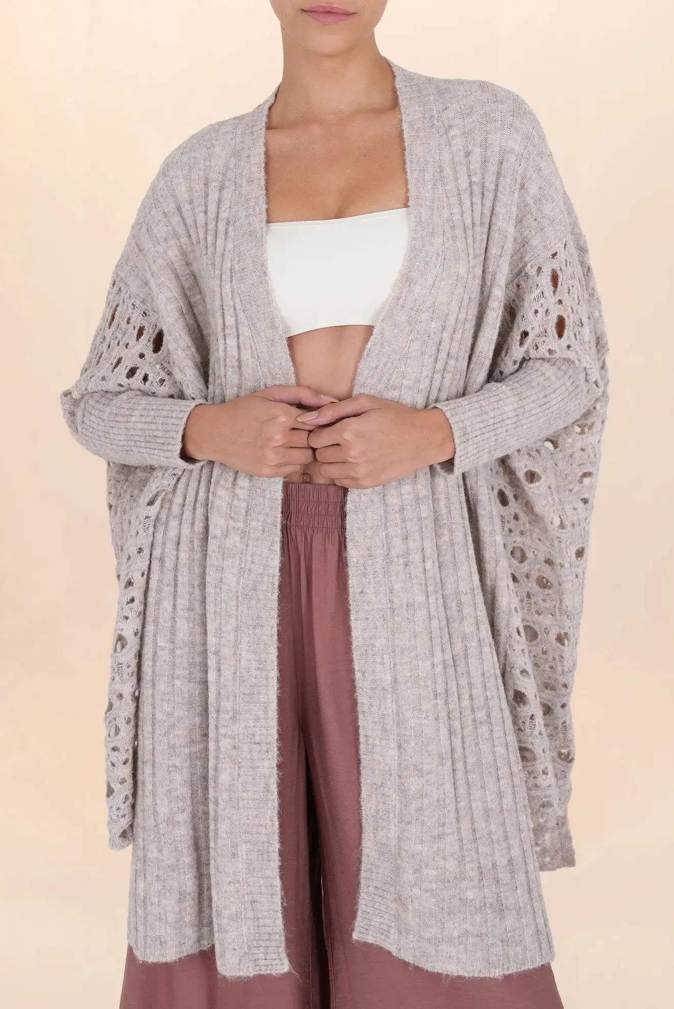 GREIGE PEARL LONG OPENWORK CARDIGAN