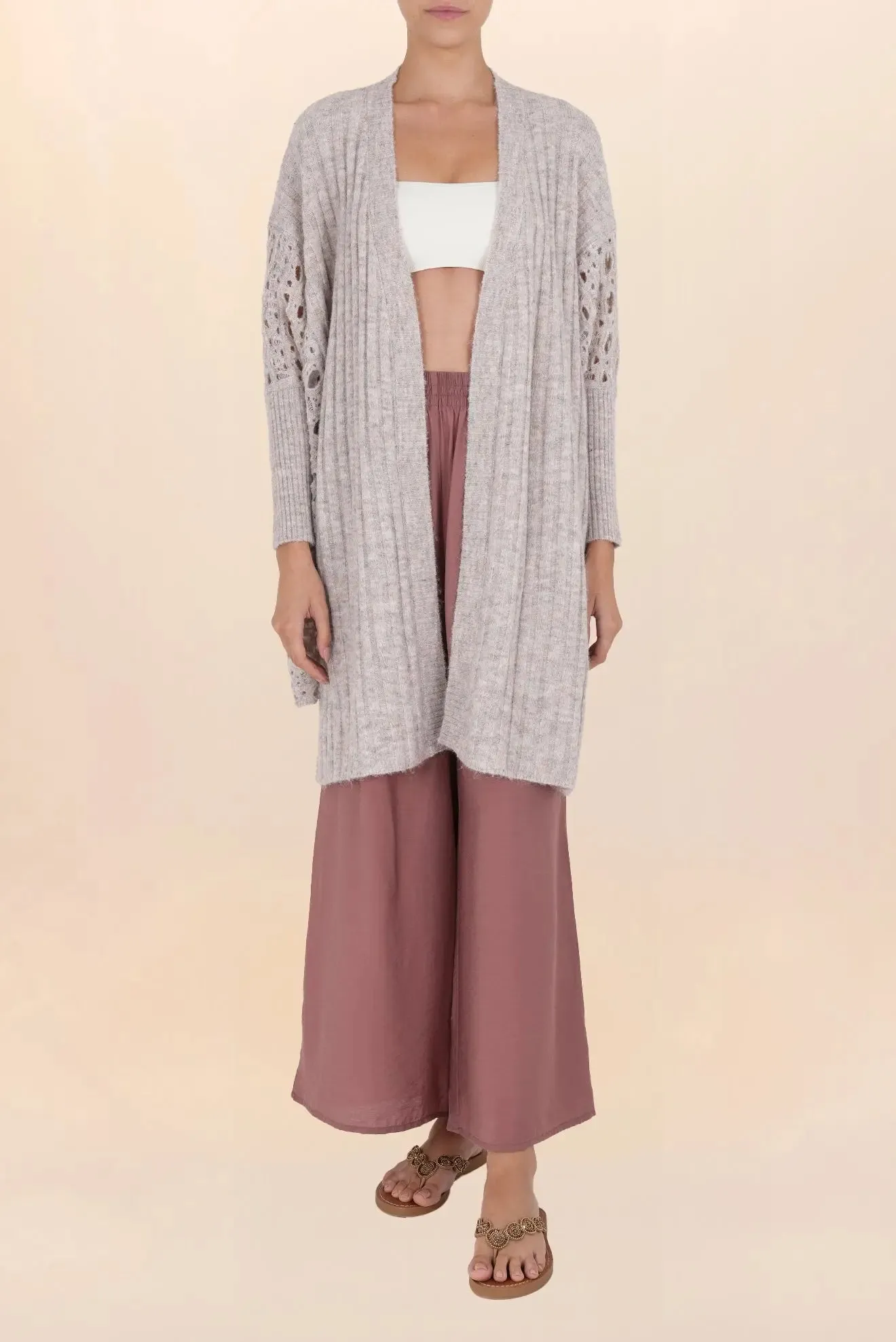 GREIGE PEARL LONG OPENWORK CARDIGAN