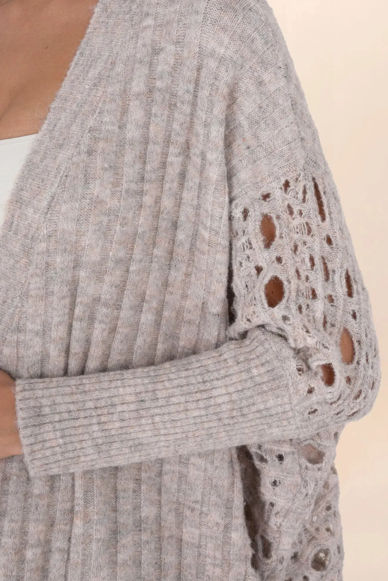 GREIGE PEARL LONG OPENWORK CARDIGAN