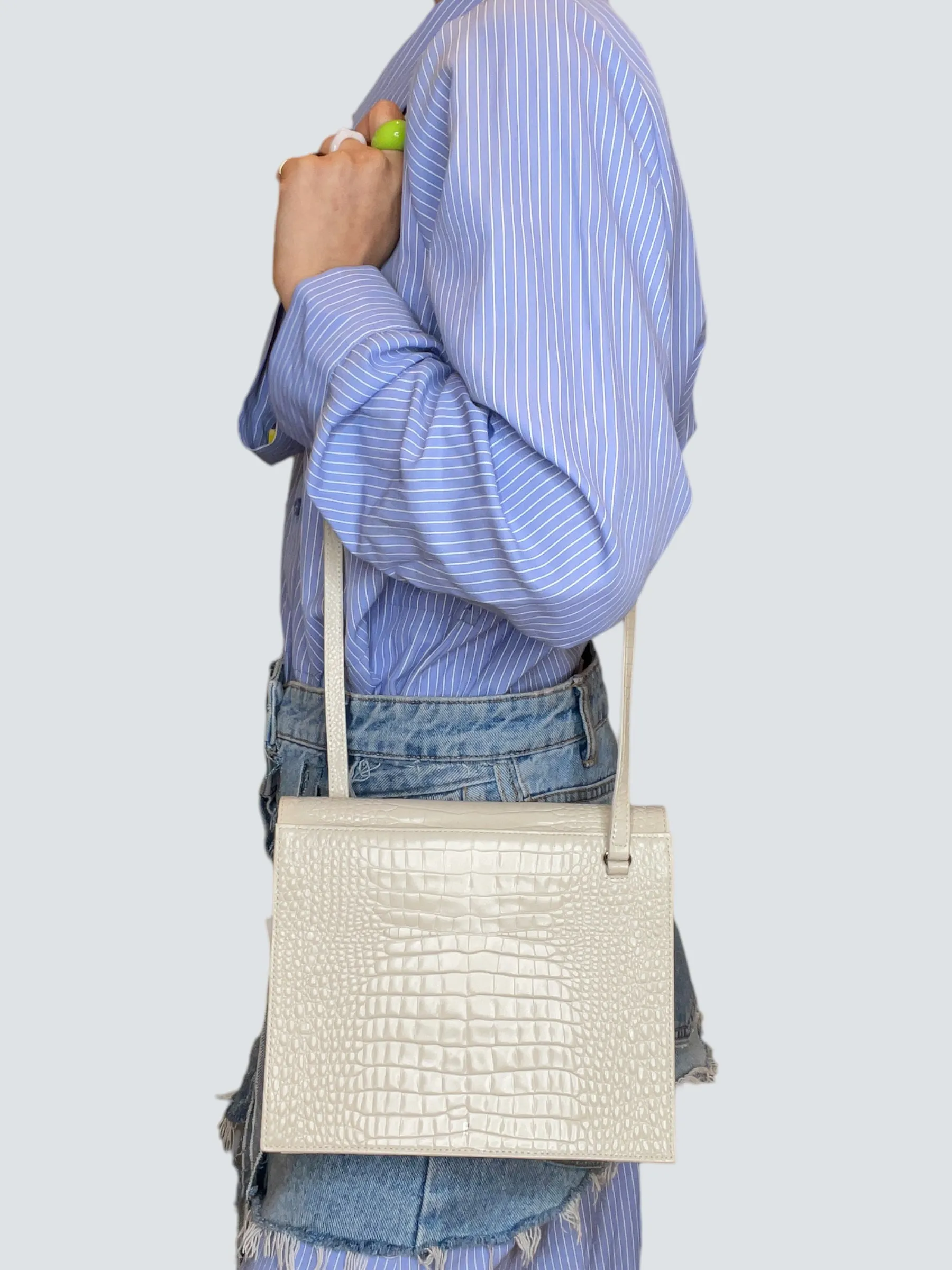 gu_de Edie Ivory Croc Effect Leather Handbag