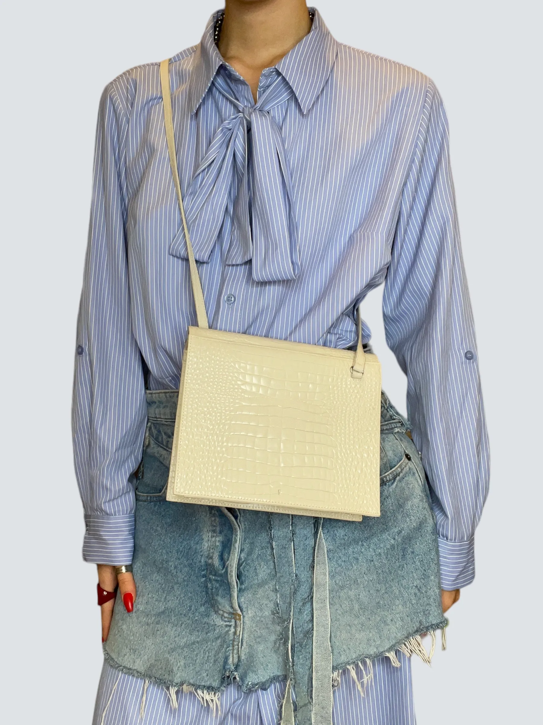 gu_de Edie Ivory Croc Effect Leather Handbag