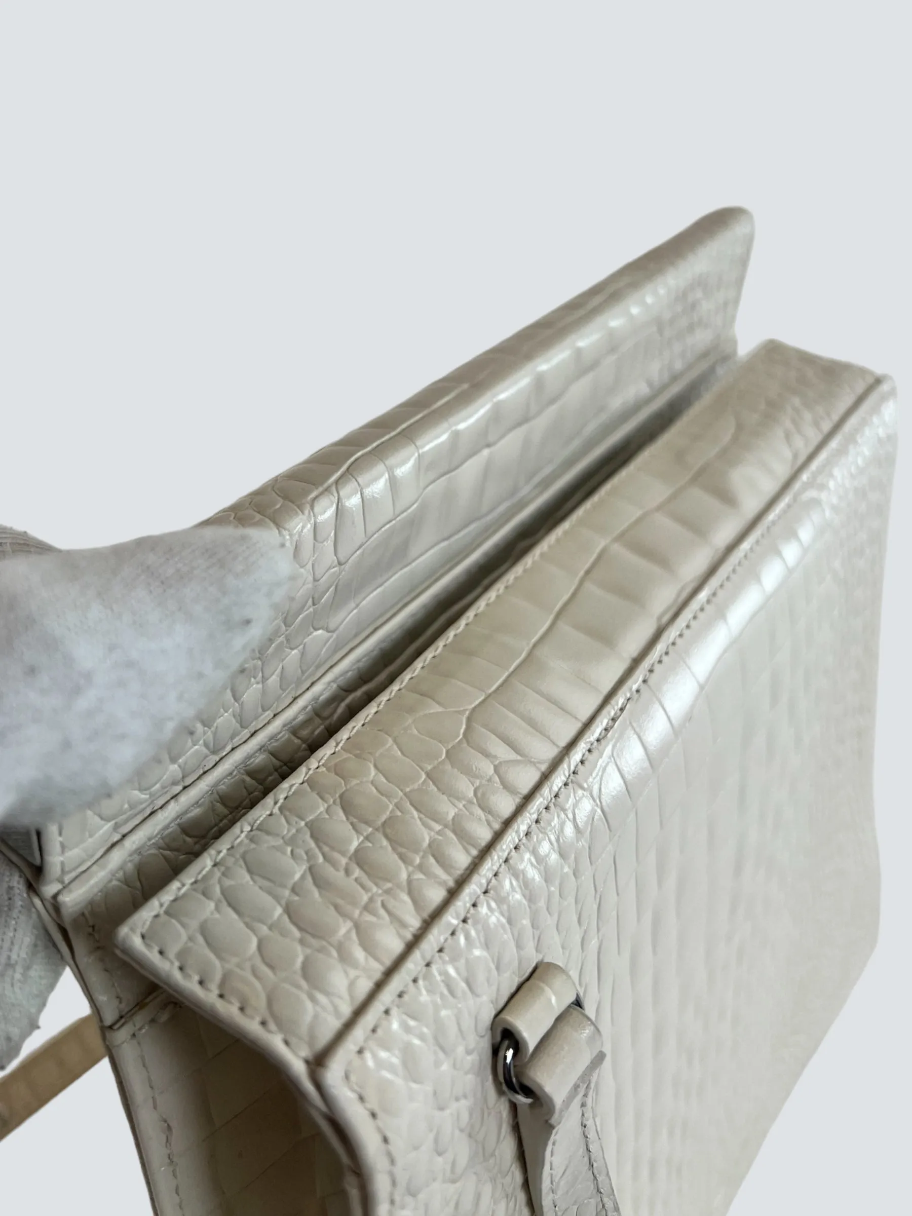 gu_de Edie Ivory Croc Effect Leather Handbag
