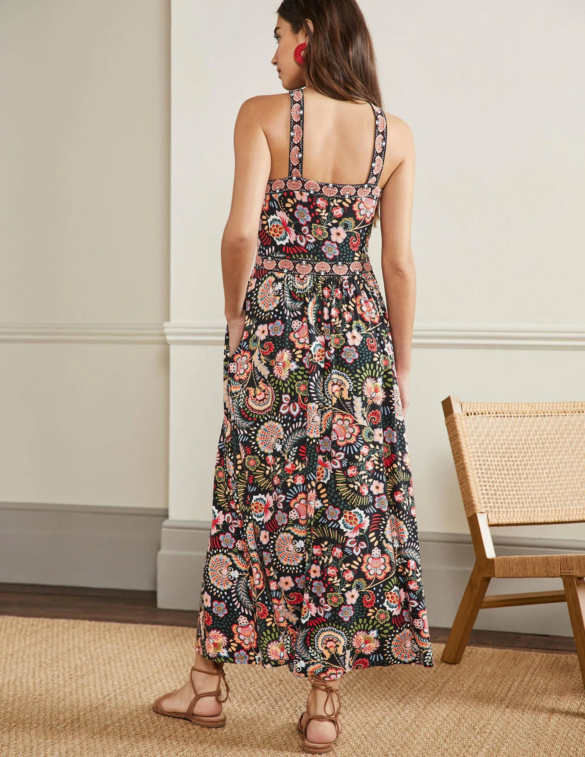 Halterneck Jersey Maxi Dress-Black Decorative Meadow